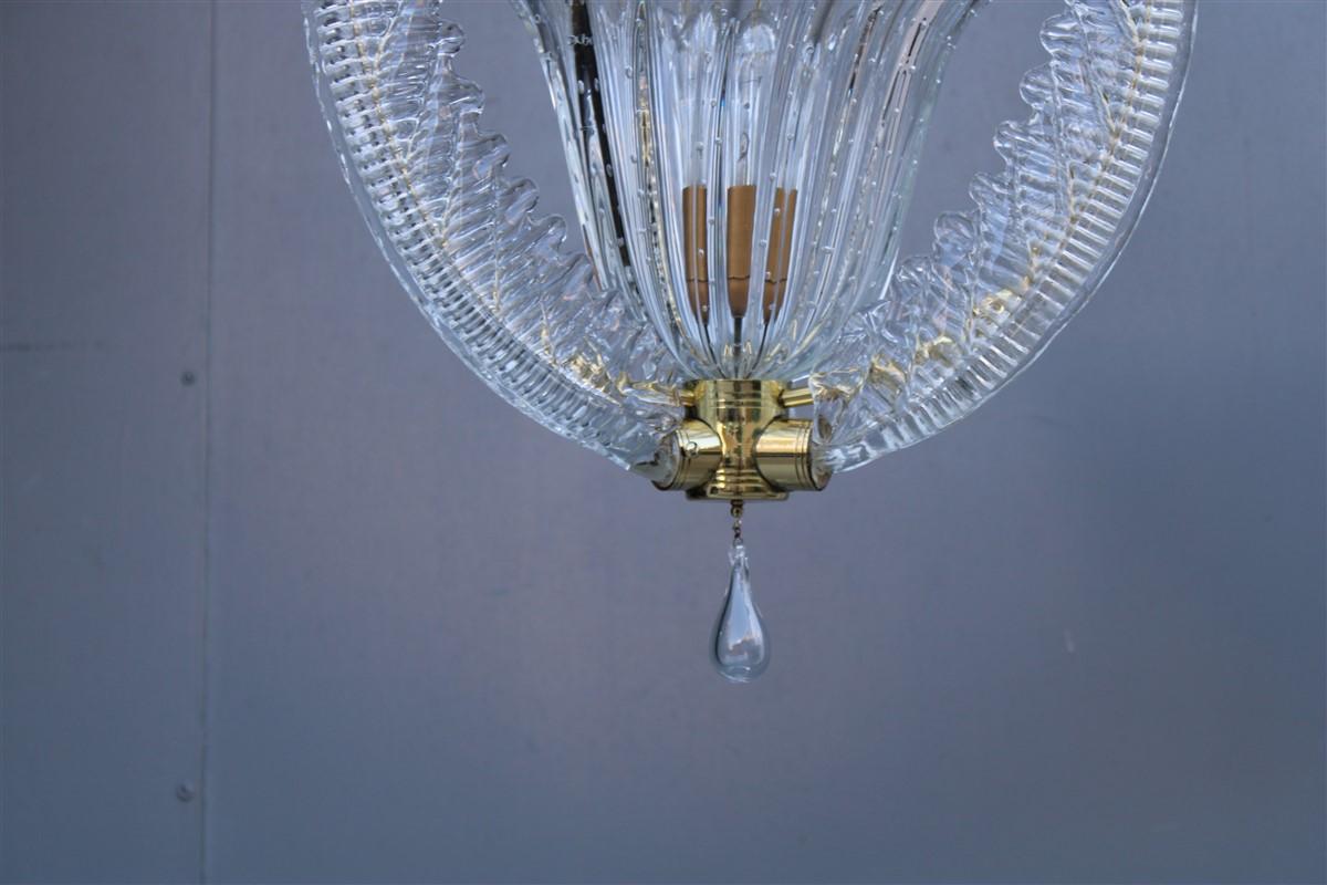 Italian Chandelier Ceiling Lamp Barovier Brass and Murano Glass 1940s Made in Italy  For Sale