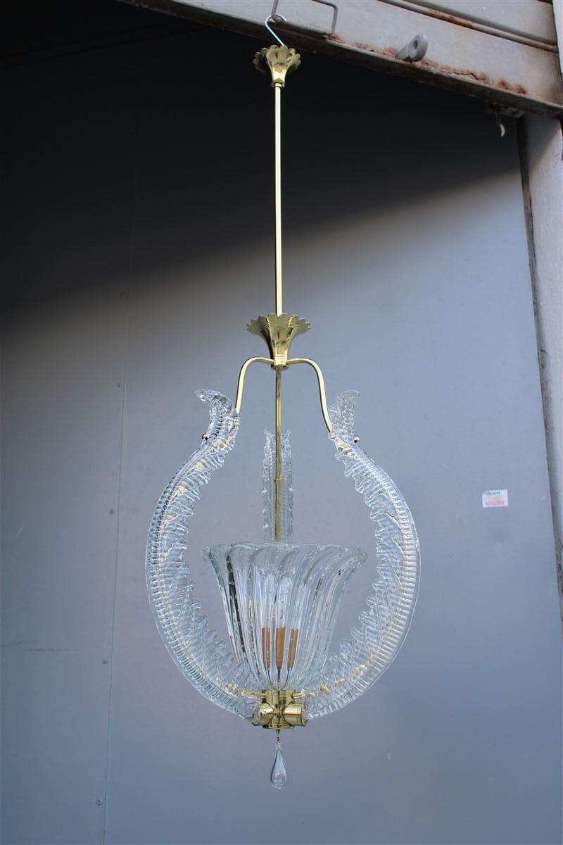 Chandelier Ceiling Lamp Barovier Brass and Murano Glass 1940s Made in Italy  For Sale 2