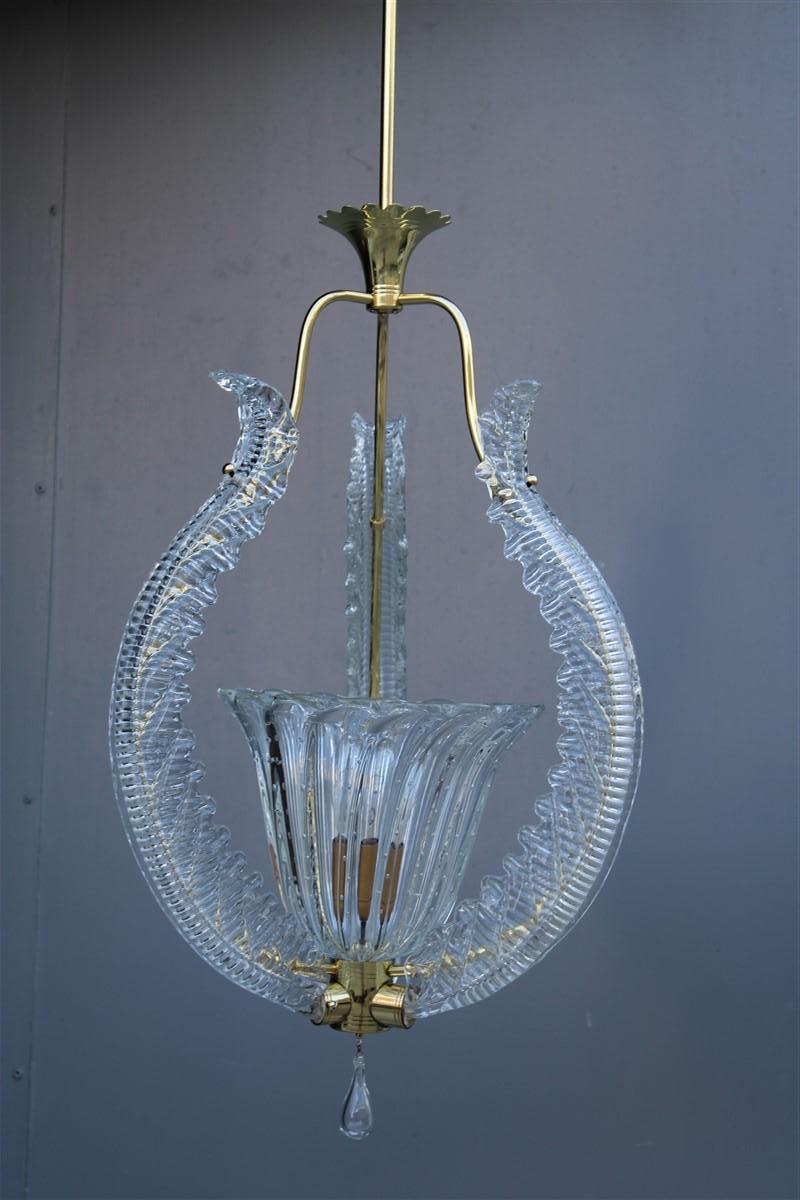 Chandelier Ceiling Lamp Barovier Brass and Murano Glass 1940s Made in Italy  For Sale 3