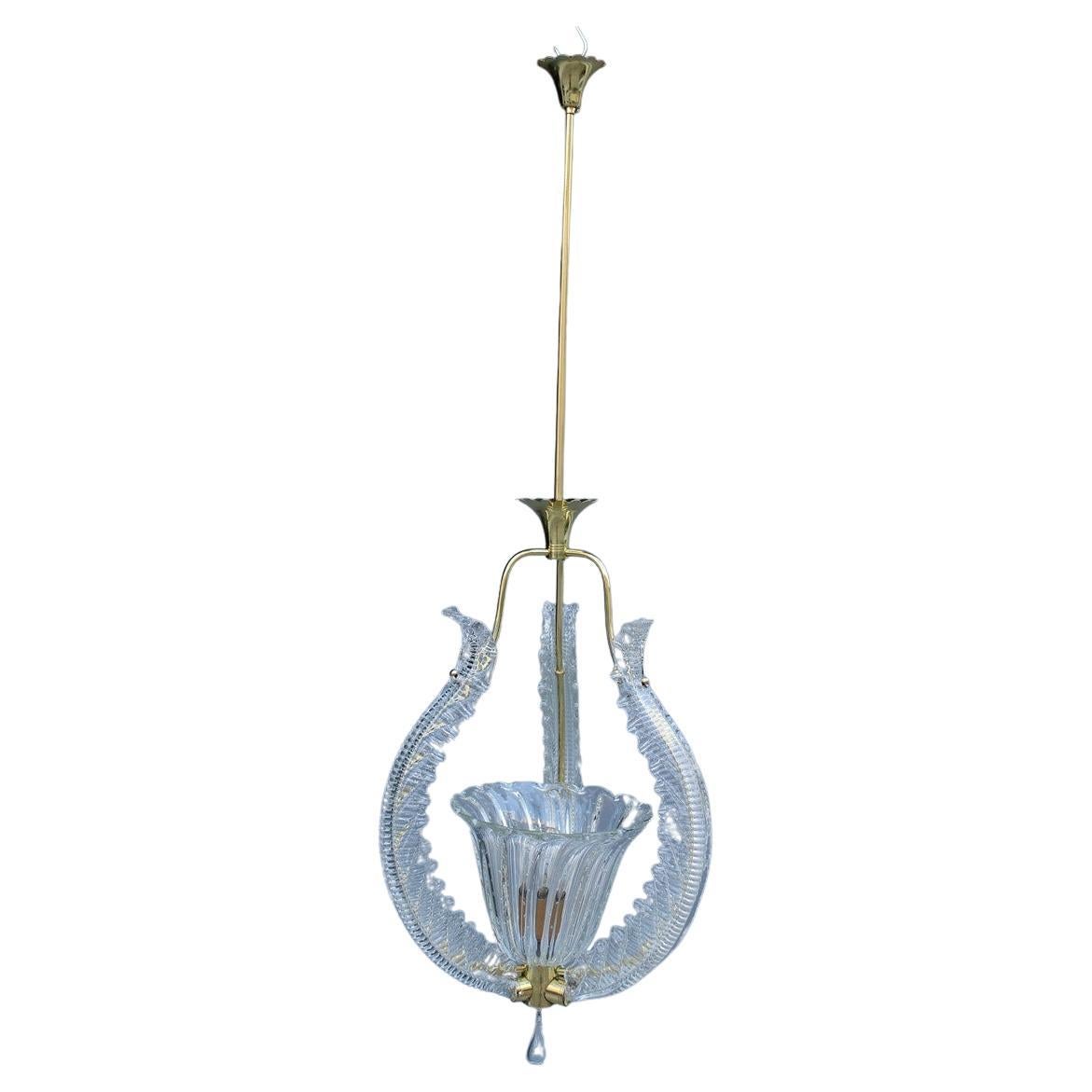 Chandelier Ceiling Lamp Barovier Brass and Murano Glass 1940s Made in Italy  For Sale
