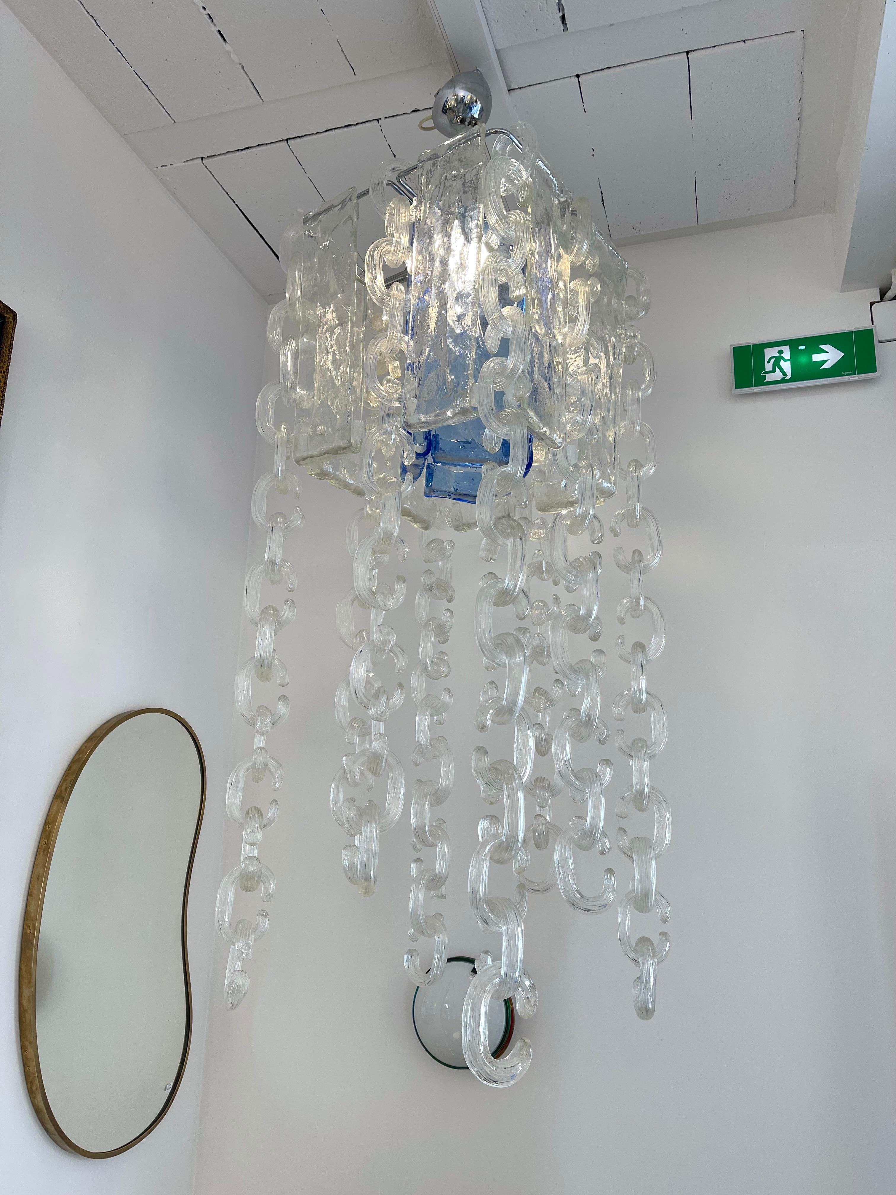 Rare chain chandelier ceiling pendant light lamp with blue Murano glass by Fratelli Toso. Famous manufacture like Venini, Vistosi, La Murrina, Seguso, Carlo Aldo Nason for Mazzega, Poliarte, Barovier, Veronese.