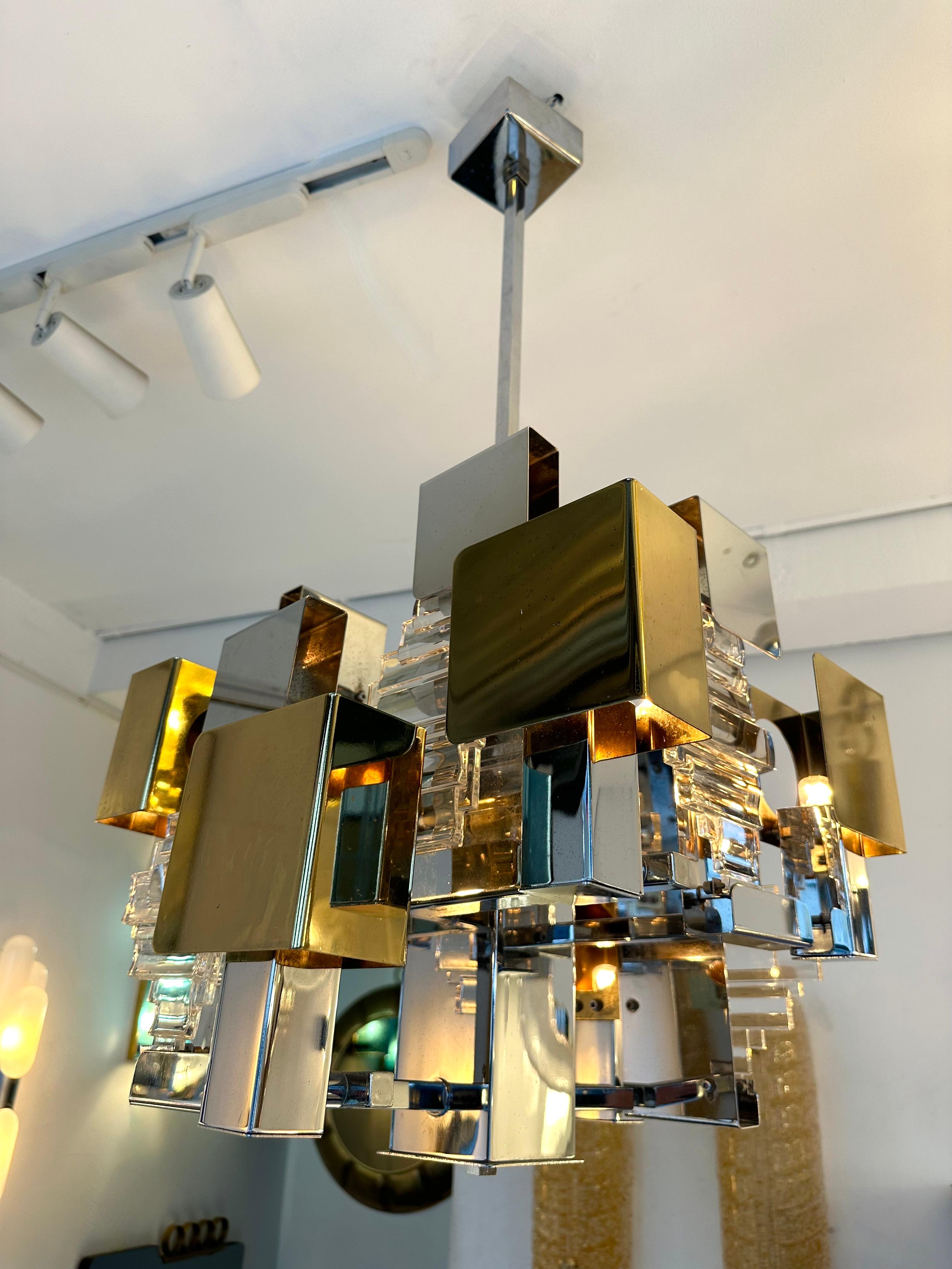 Chandelier Chrome Brass Glass by Sciolari for Stilkronen. Germany, 1970s For Sale 3