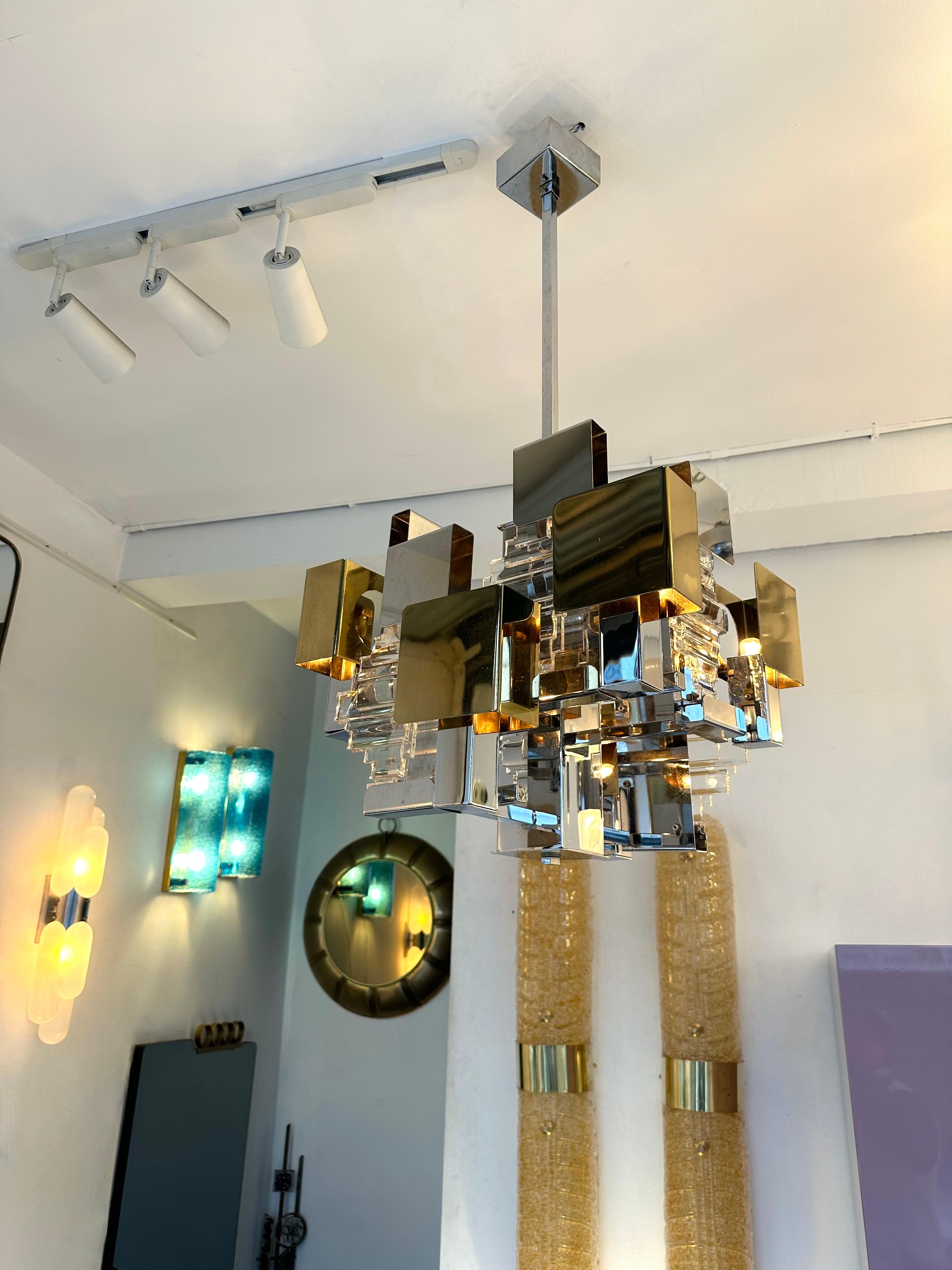Chandelier Chrome Brass Glass by Sciolari for Stilkronen. Germany, 1970s For Sale 6