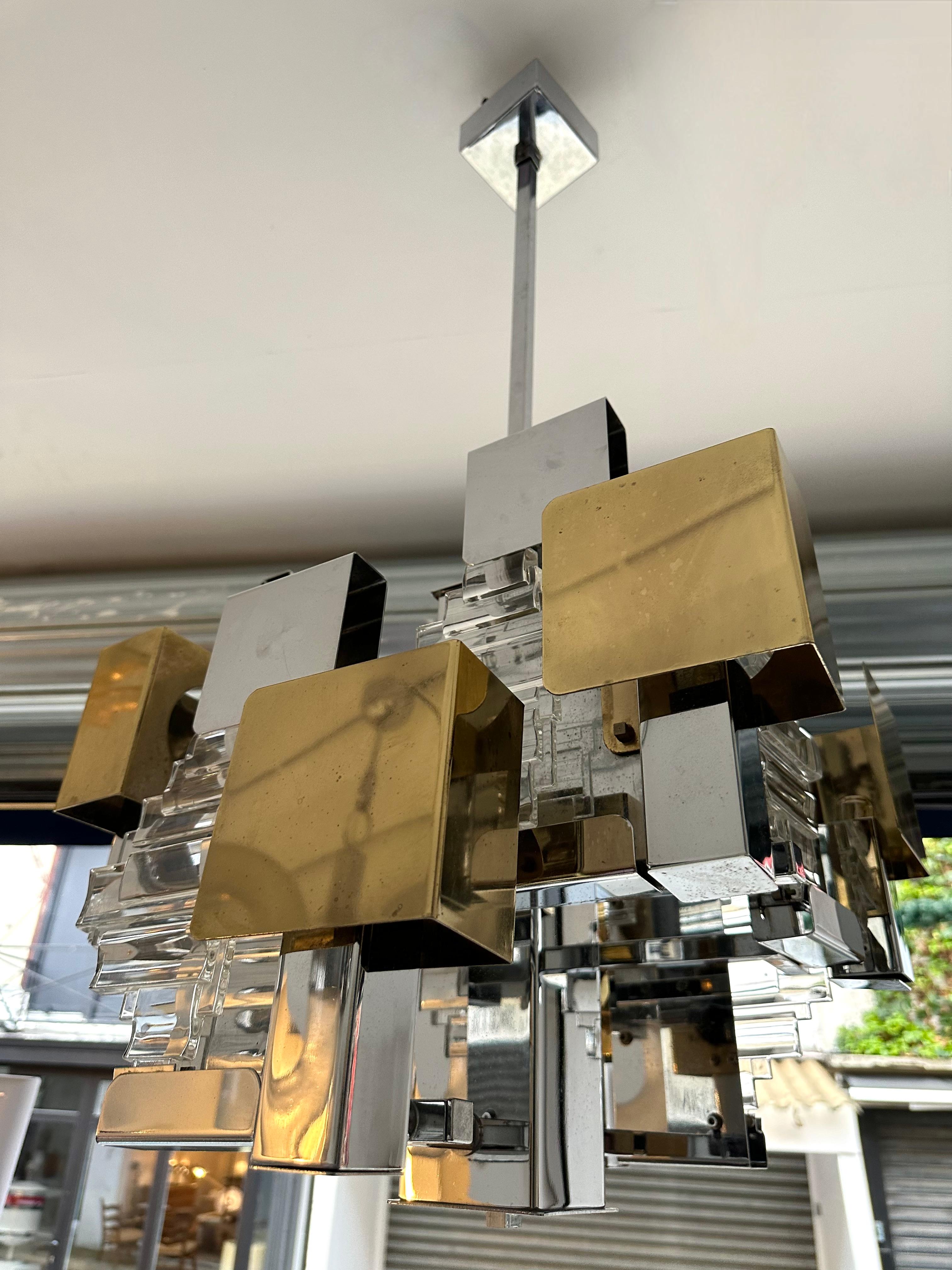 Mid-Century Modern Chandelier Chrome Brass Glass by Sciolari for Stilkronen. Germany, 1970s For Sale
