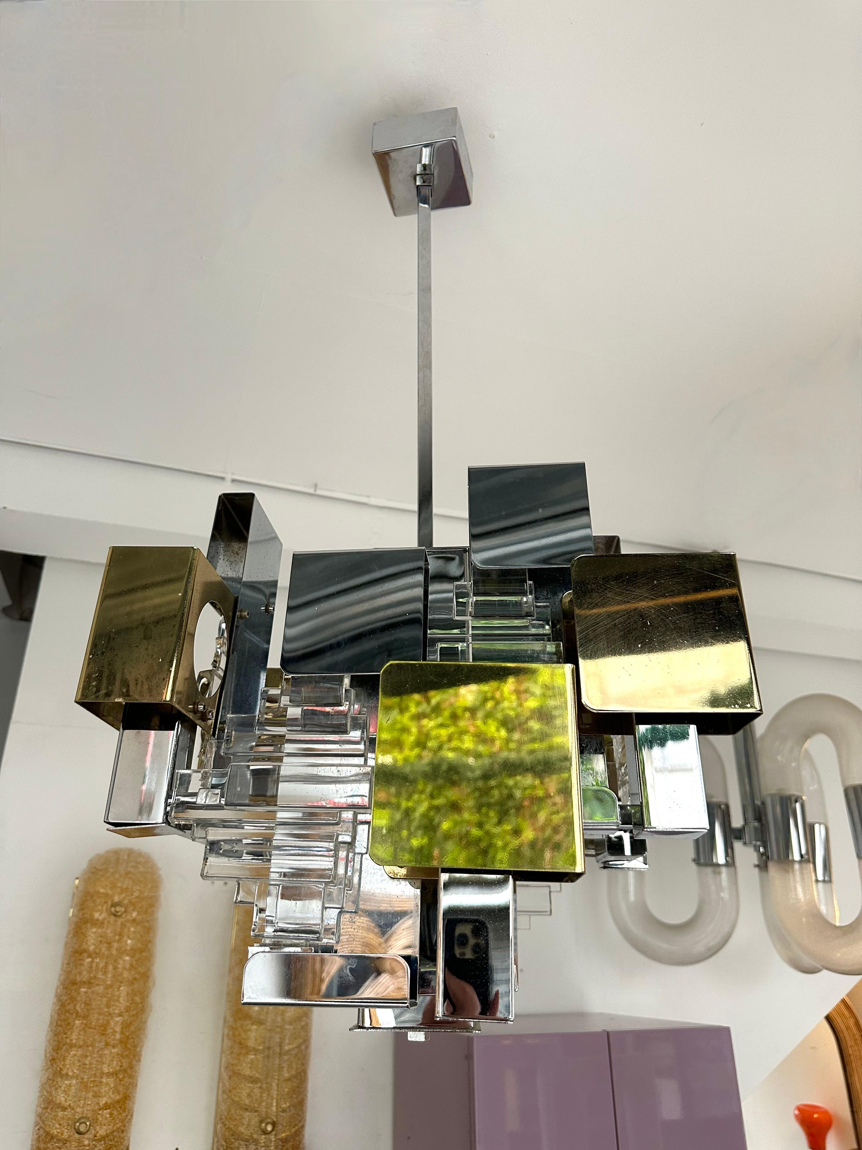 Chandelier Chrome Brass Glass by Sciolari for Stilkronen. Germany, 1970s For Sale 1