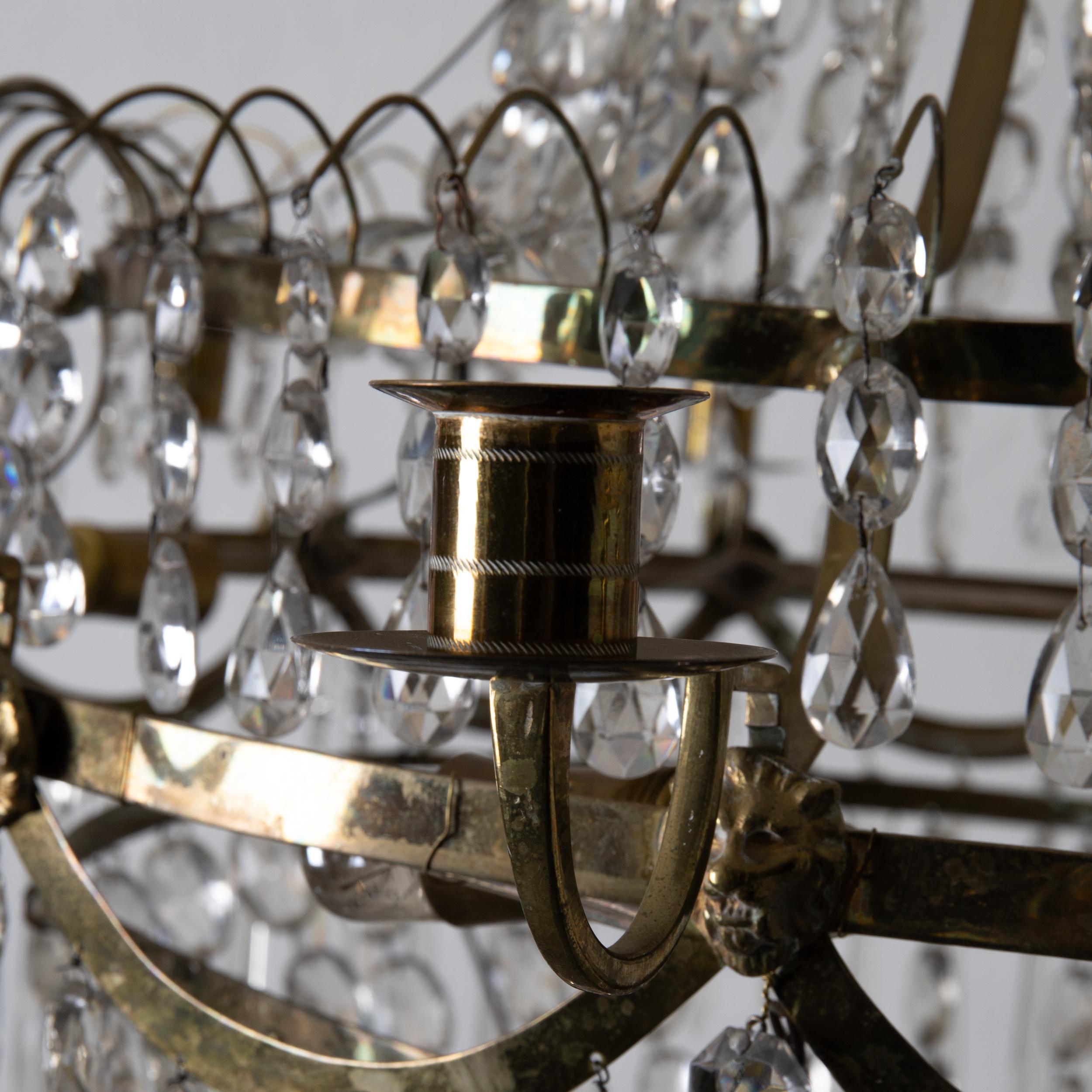 19th Century Chandelier Chrystal Swedish Gustavian Neoclassical Brass, Sweden For Sale