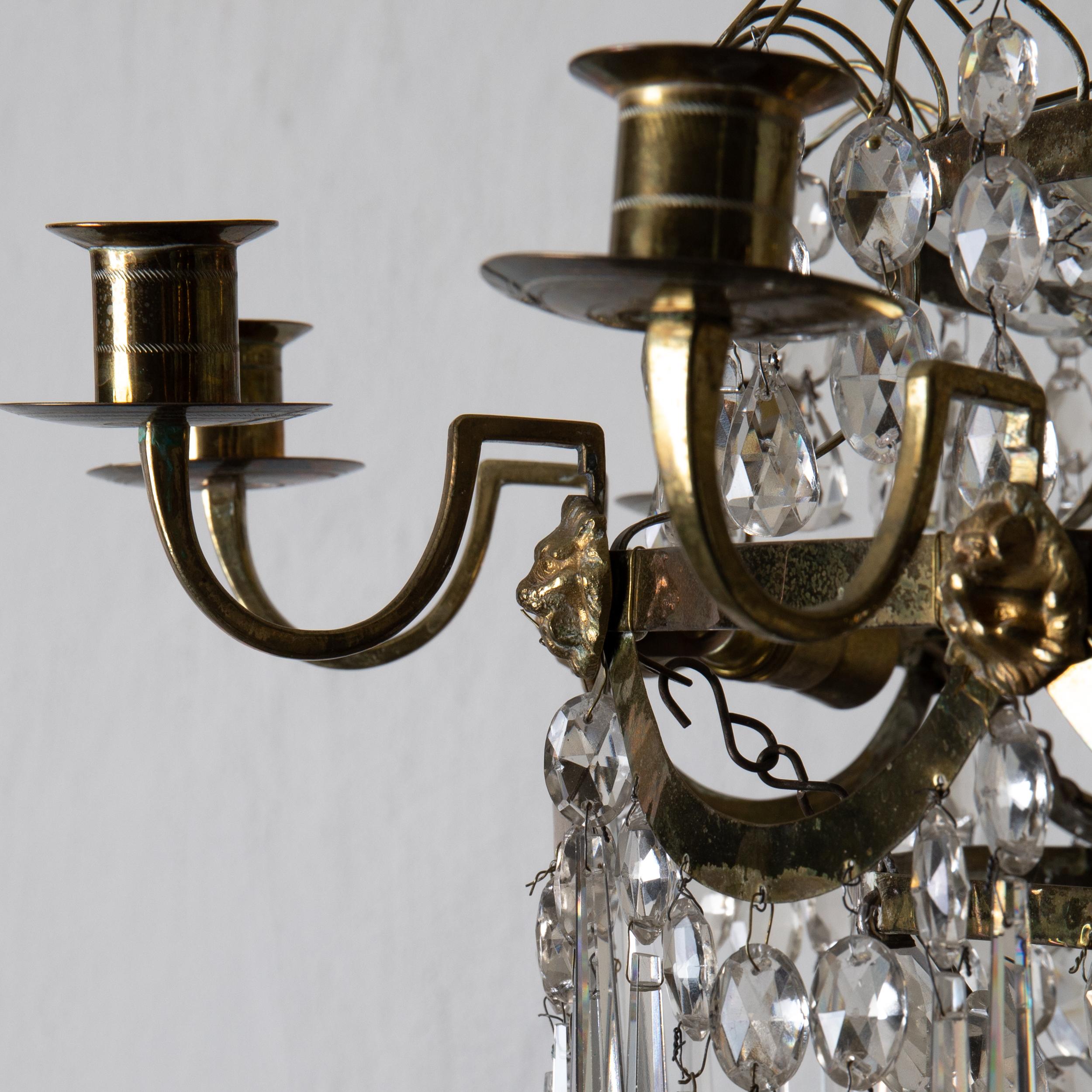Chandelier Chrystal Swedish Gustavian Neoclassical Brass, Sweden For Sale 3
