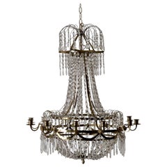 Lustre suédois Gustavien néoclassique, cristal et laiton, Suède