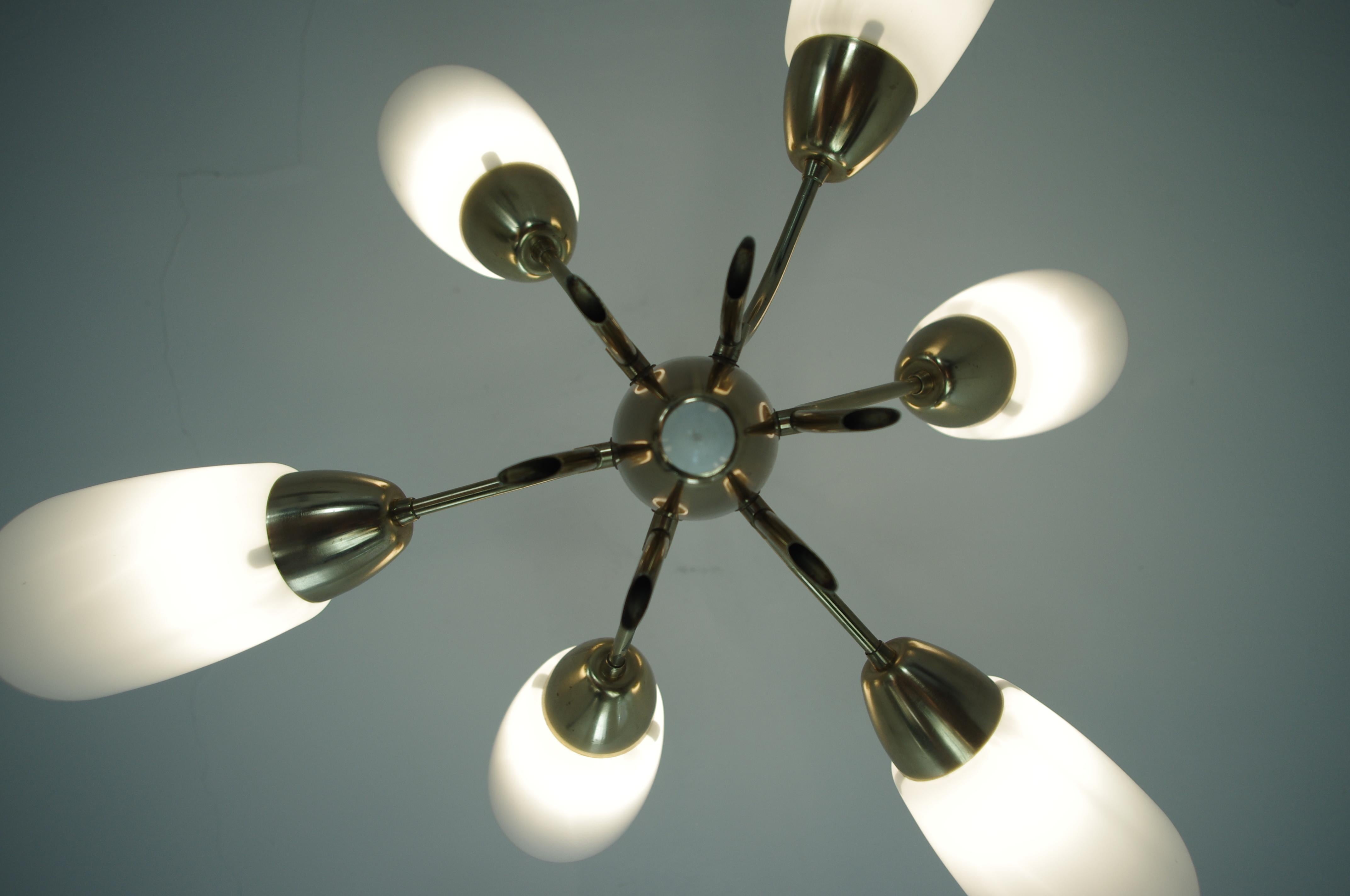 Beautiful Czech chandelier in a shape of the flower in very good condition. Measures: 6 bulbs 40 W, E27.