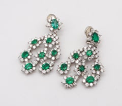Chandelier Cluster Dangle Drop Earrings 18Kt Gold 31.72 Ctw Diamonds & Emeralds