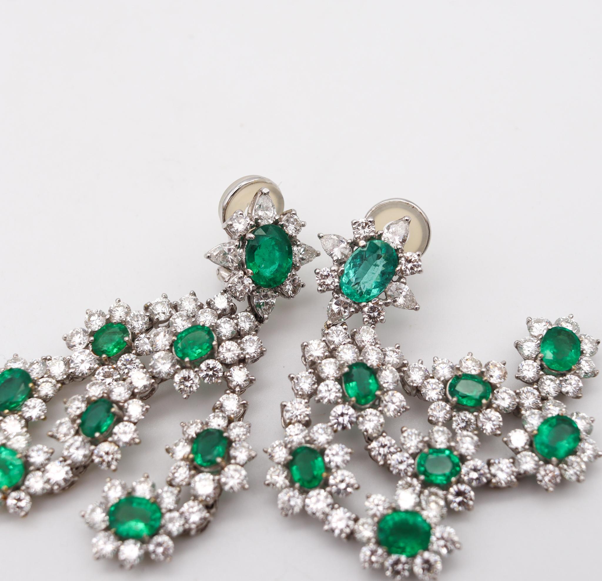 Brilliant Cut Chandelier Cluster Dangle Drop Earrings 18Kt Gold 31.72 Ctw Diamonds & Emeralds For Sale