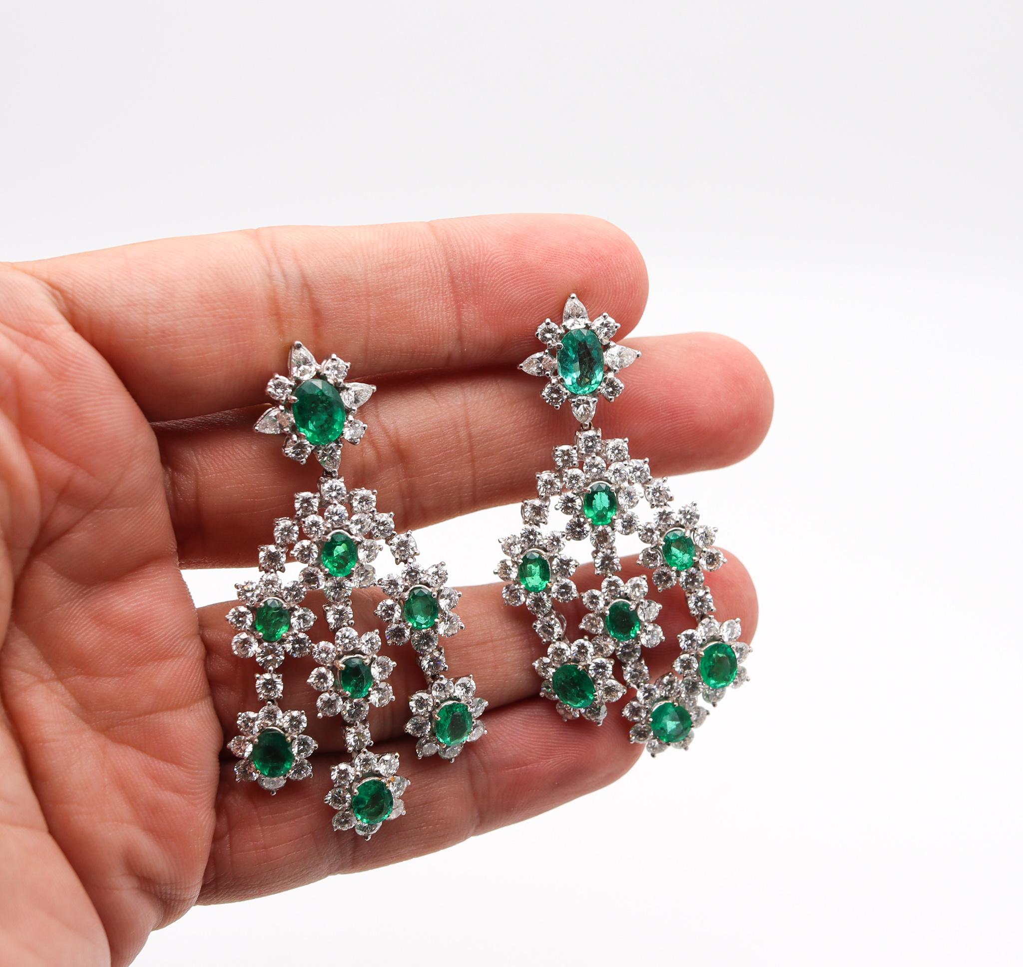 Chandelier Cluster Dangle Drop Earrings 18Kt Gold 31.72 Ctw Diamonds & Emeralds For Sale 1