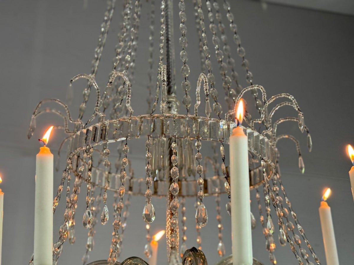 Louis XVI Chandelier, Cut Crystal Navette Tassels, Circa 1800, Height 170cm For Sale