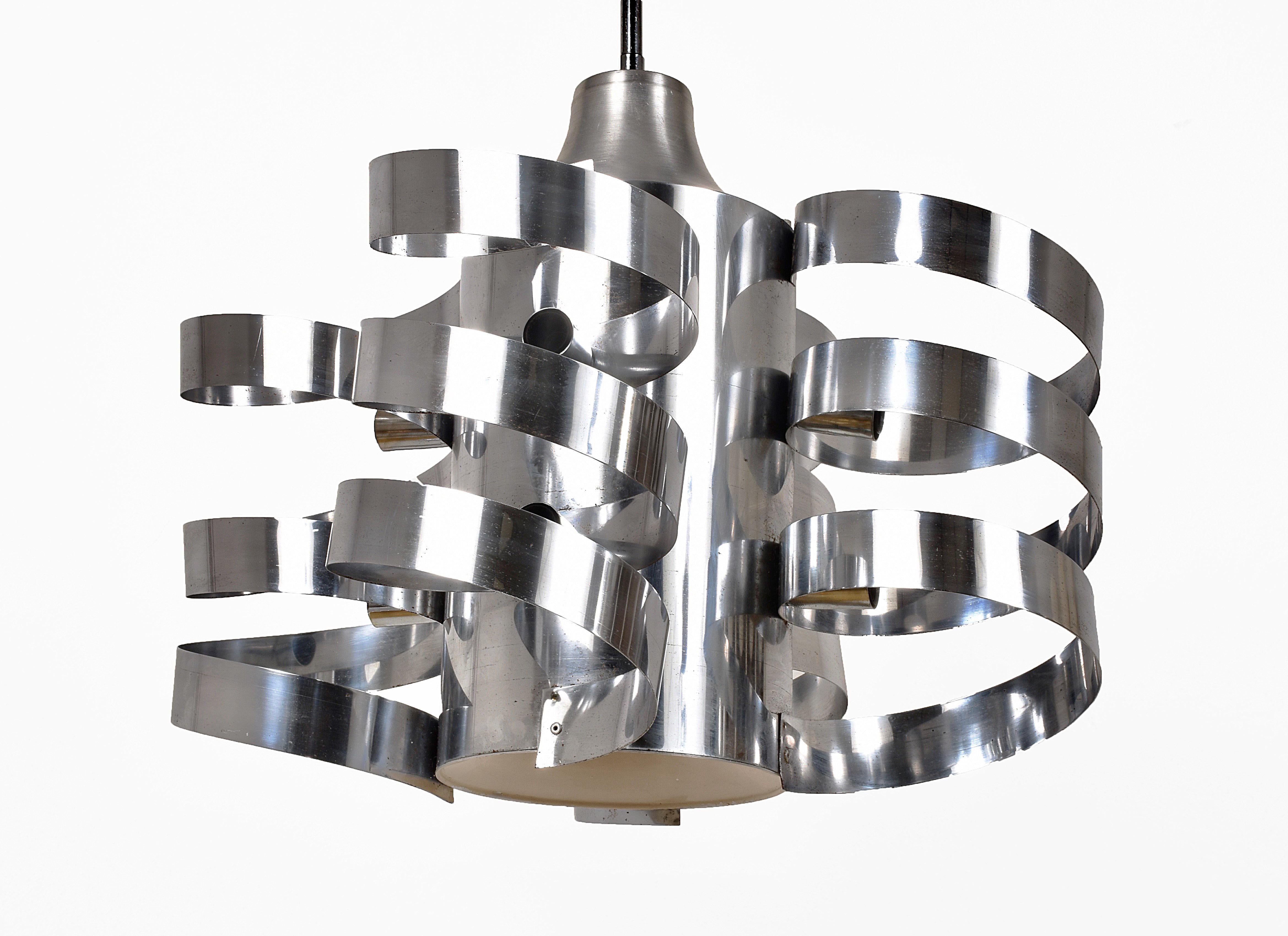 Cyclone chandelier, in chromed steel and aluminum. Eight-light pendant. Attributed to Max Sauze for Sciolari.