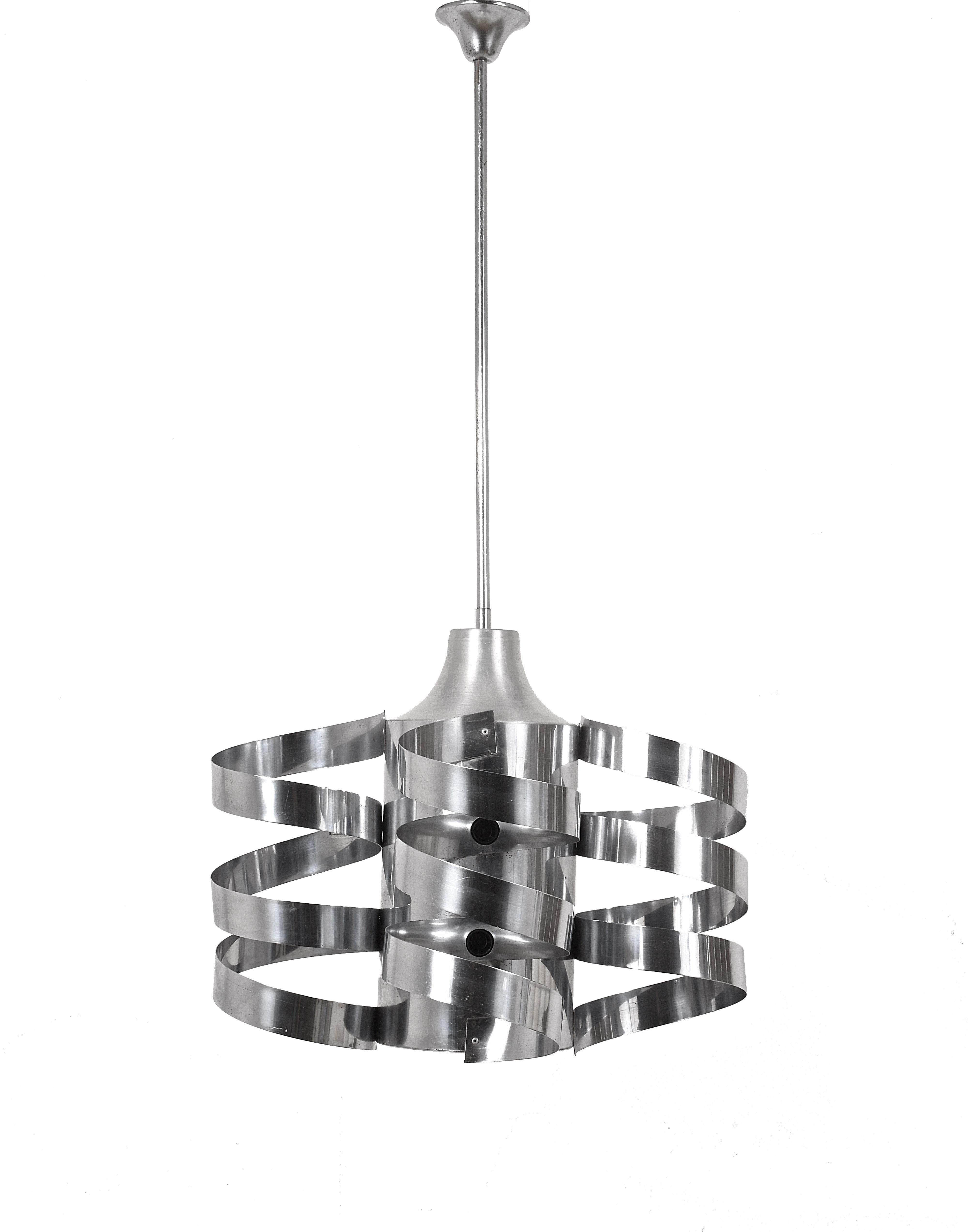 Italian Chandelier Cyclone, Steel Chrome and Aluminum, Attributed to Sauze for Sciolari For Sale