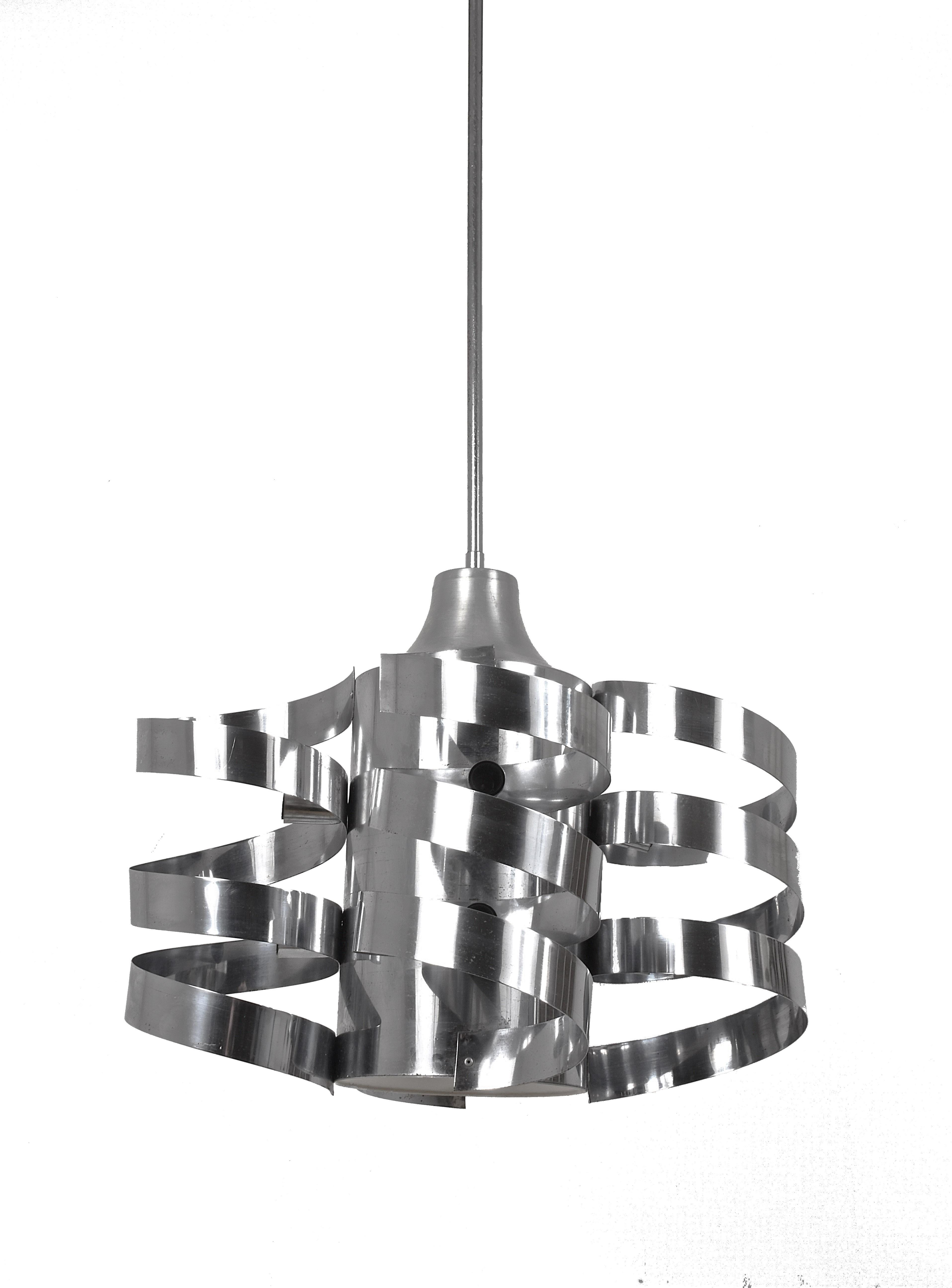 Chandelier Cyclone, Steel Chrome and Aluminum, Attributed to Sauze for Sciolari In Fair Condition For Sale In Roma, IT