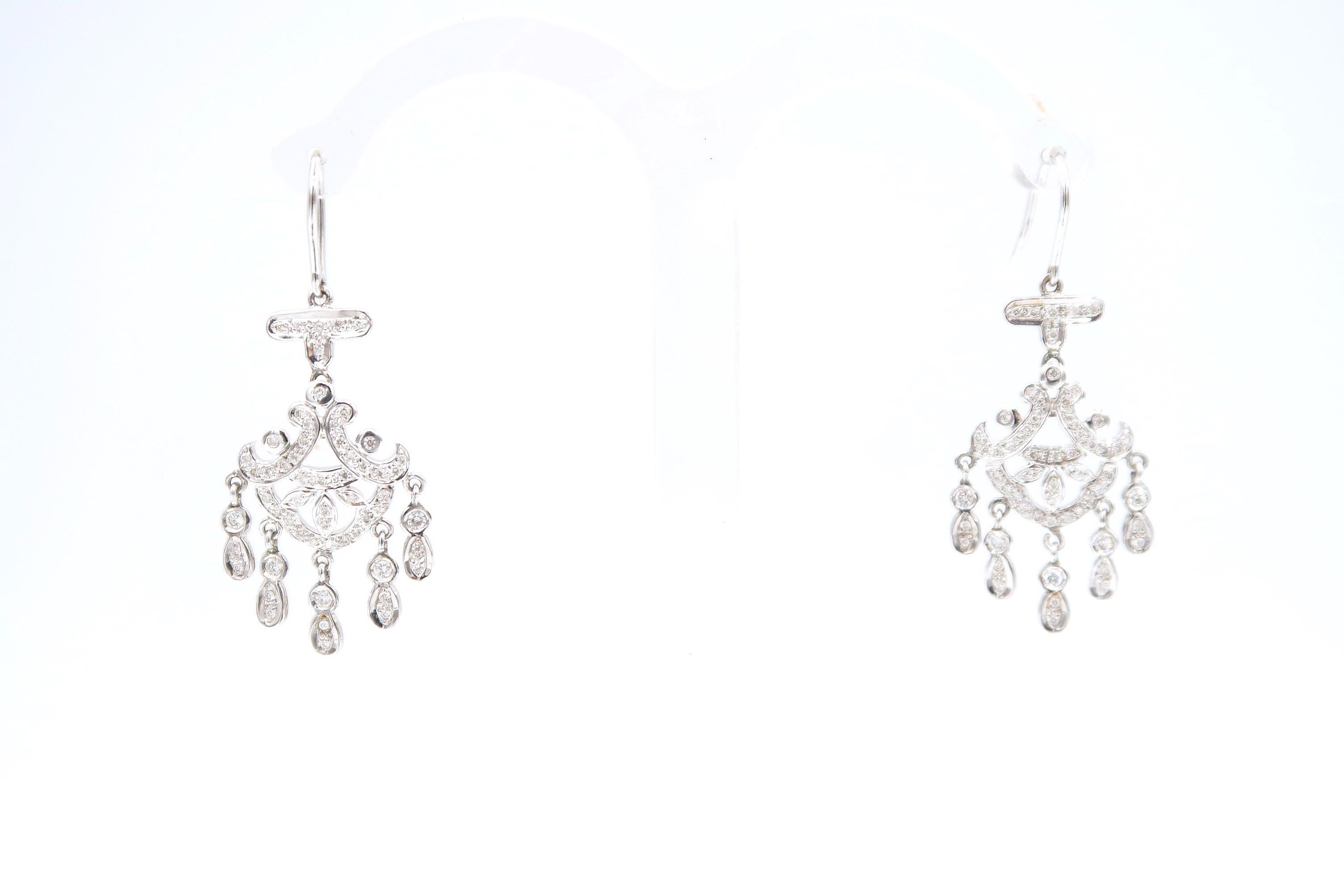 Chandelier Diamond 18 Karat White Gold Dangle Hook Earrings For Sale 1