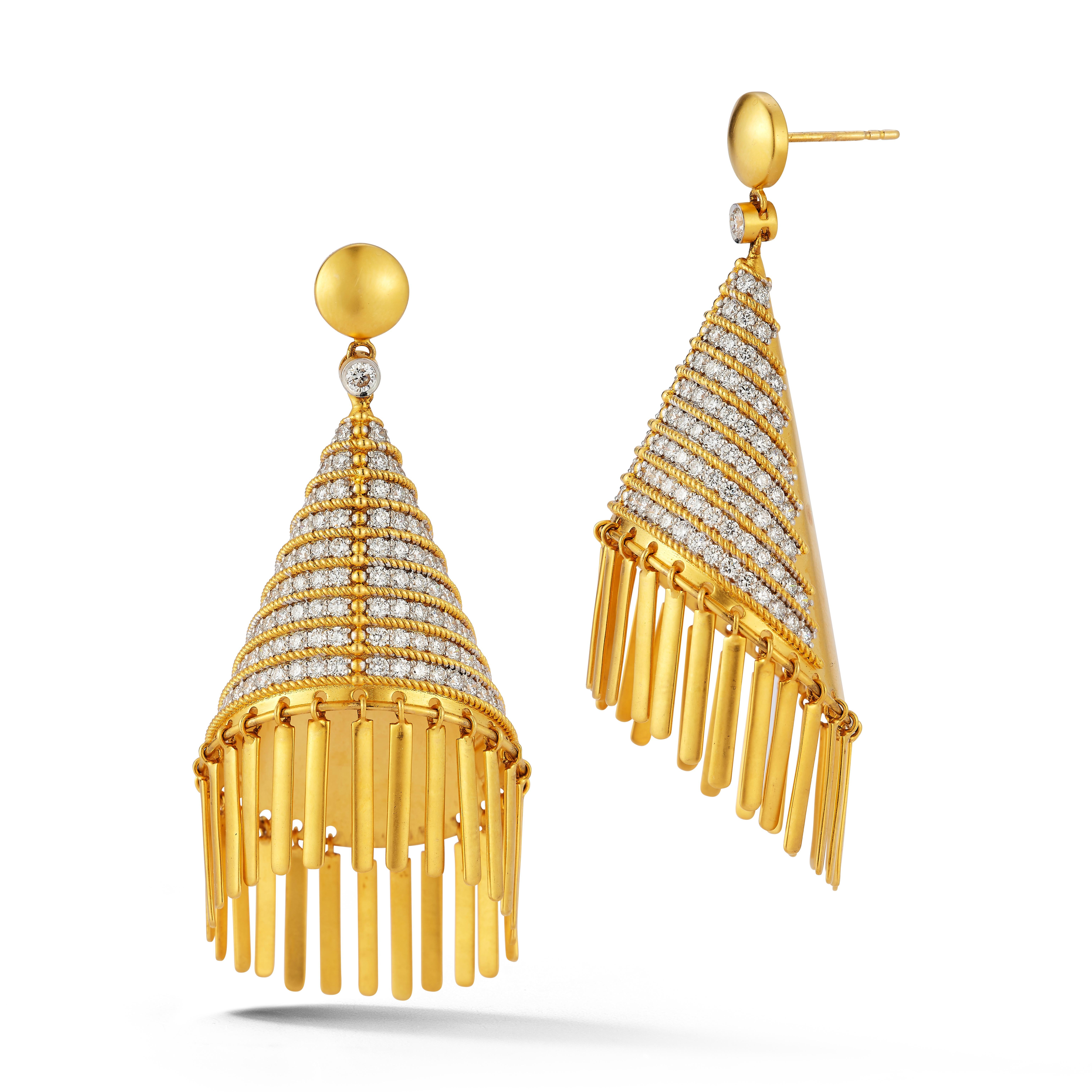 Chandelier Diamond Earrings

A pair of 18 karat gold cone shaped earrings set with 6.09 carats of round cut diamonds

Measurements: 2.75