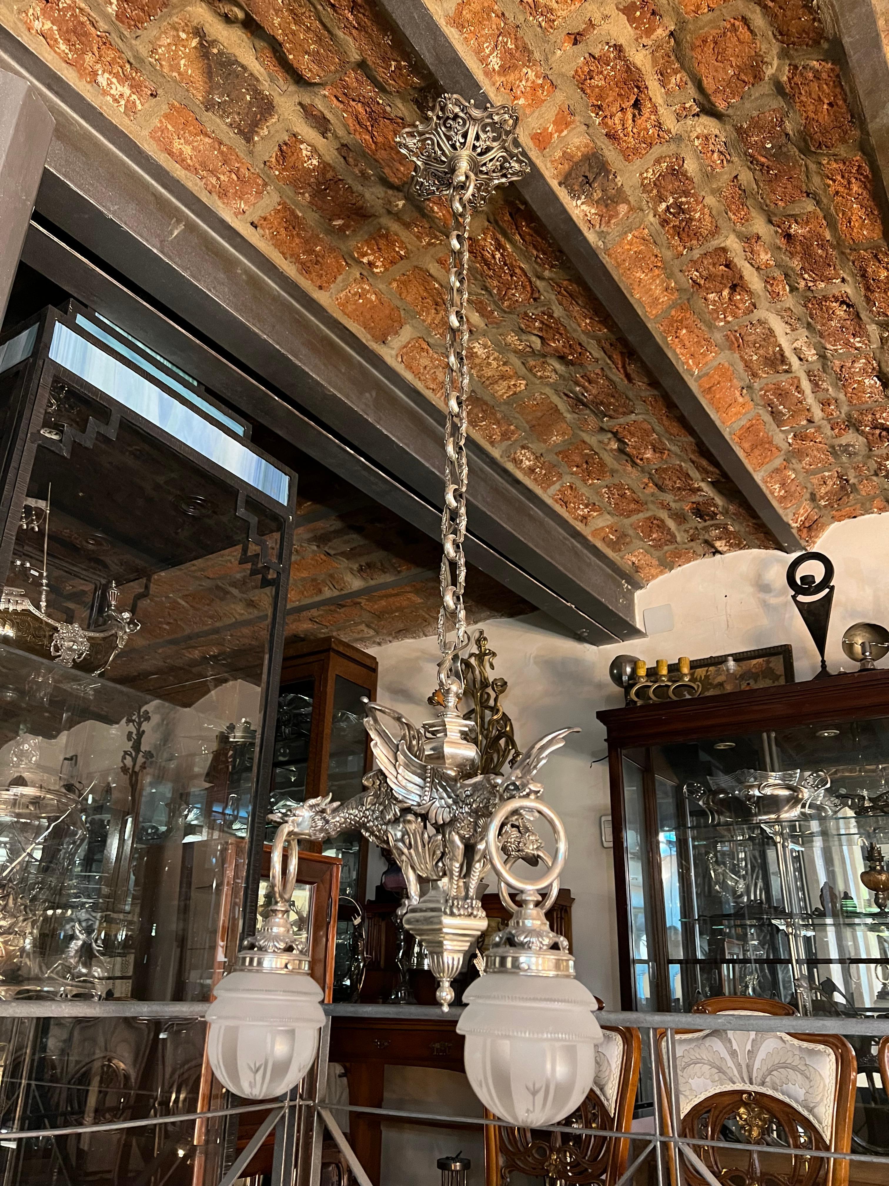 Austrian Chandelier Dragons, Viennese Secession, 1900, Silver Plated Bronze For Sale