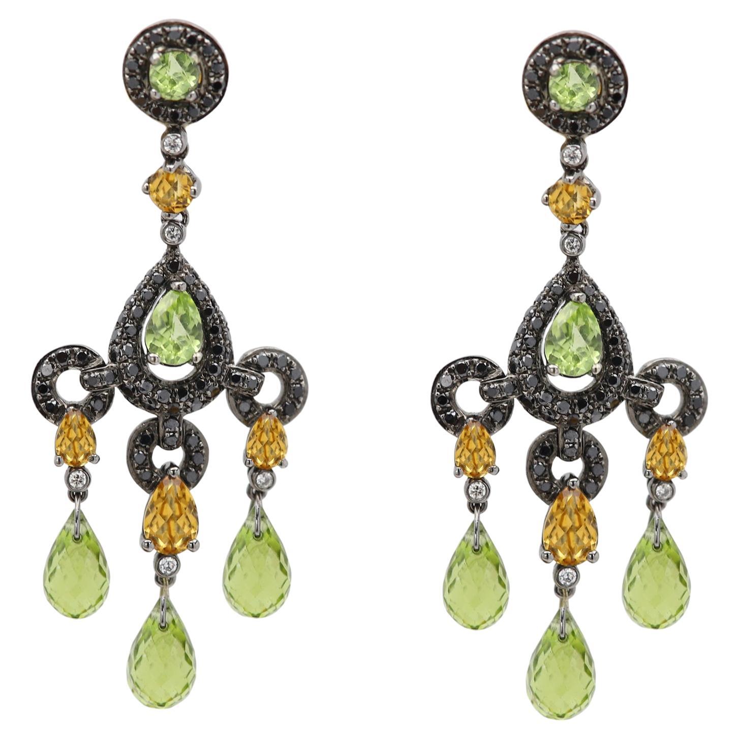 Orecchino lampadario Orecchini verdi pendenti con diamanti neri e peridoto 18 carati