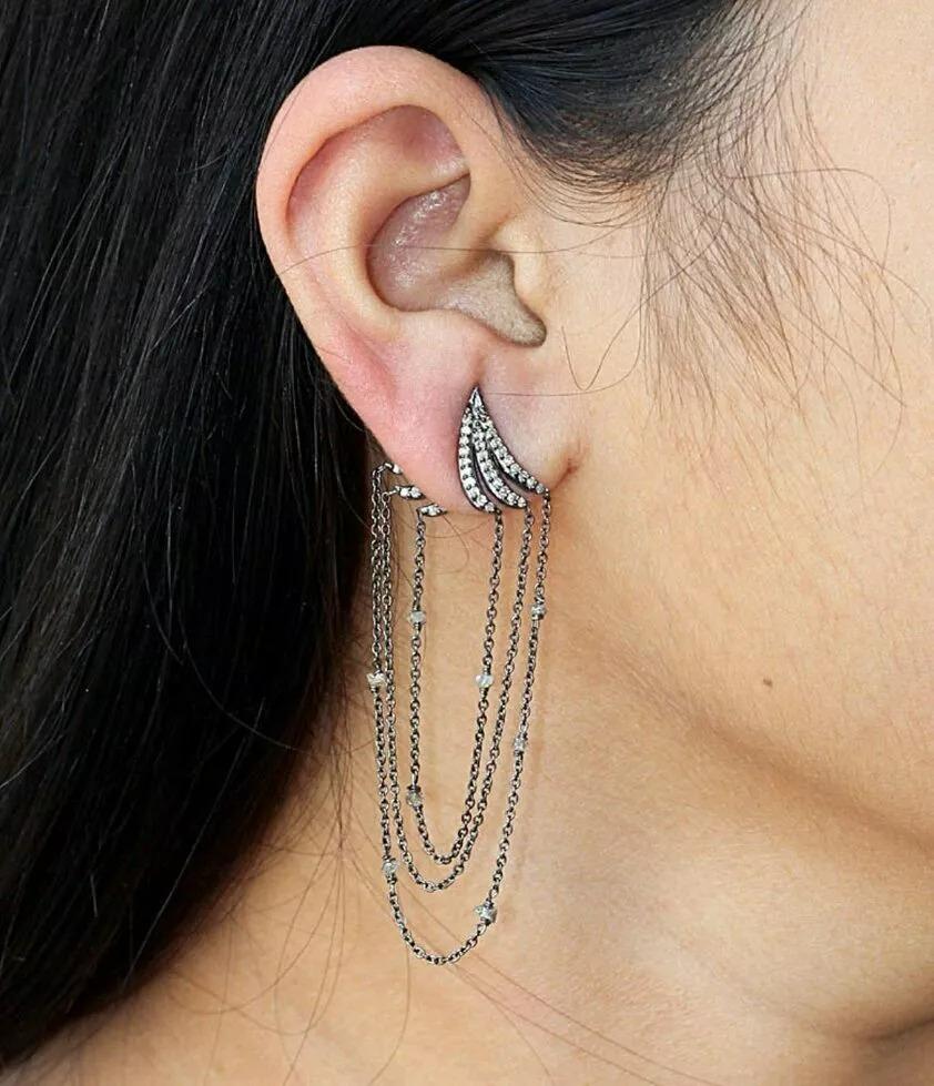 Round Cut Chandelier Earring Pave Diamond 14k Gold & 925 Silver Chain For Sale
