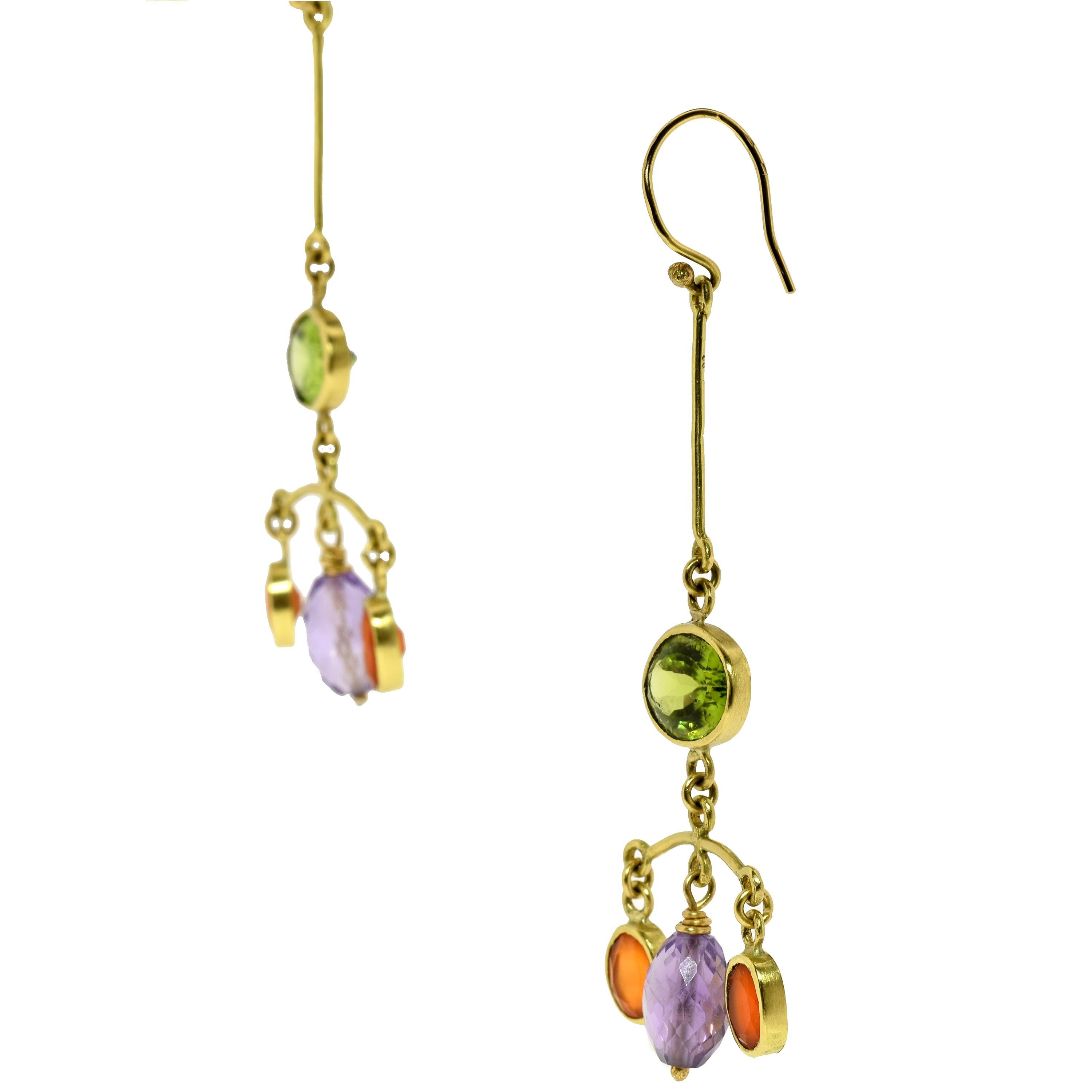 Chandelier Earring with Carnelian, Amethyst and Peridot In New Condition For Sale In New York, NY
