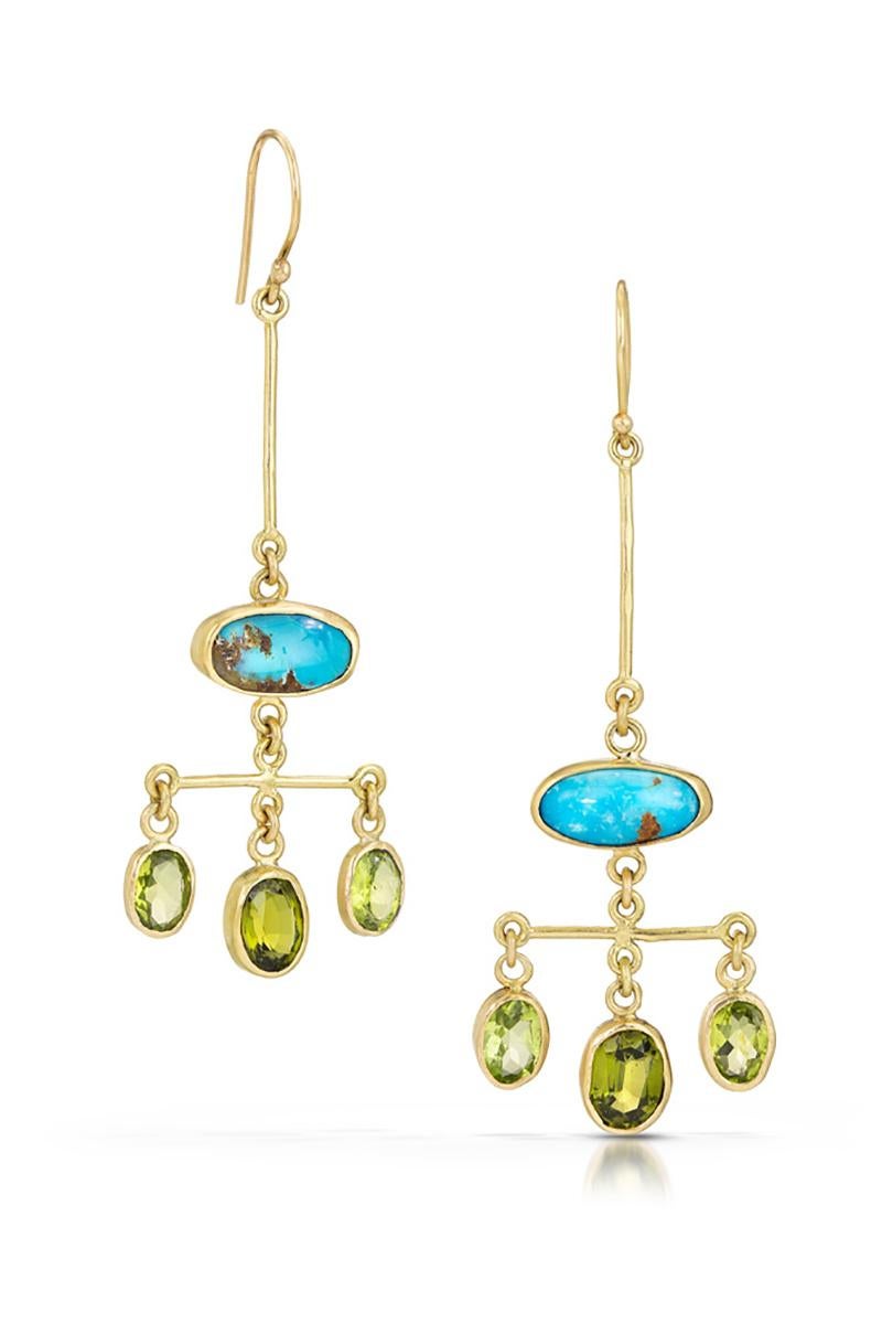 Using my Victorian inspired cross bar, I've created these chandelier earrings in faceted oval Peridots with smooth oval Persian Turquoise.  The persian turquoise looks great with gold due to the pyrite matrix from the rock where they are mined. The