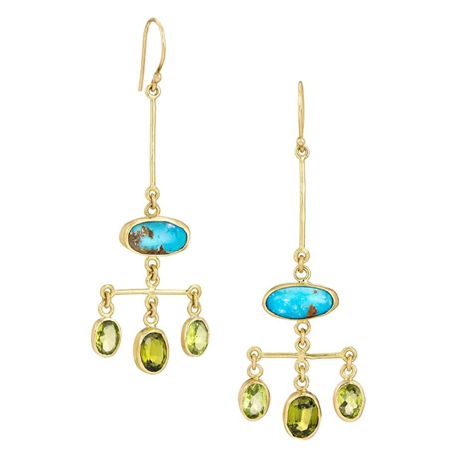 Chandelier Earring with Persian Turquoise and Peridot For Sale