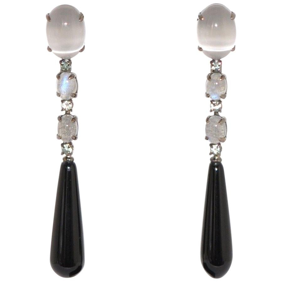 Chandelier Earrings Agate Labradorite White Diamonds Black Gold 18 Karat  For Sale