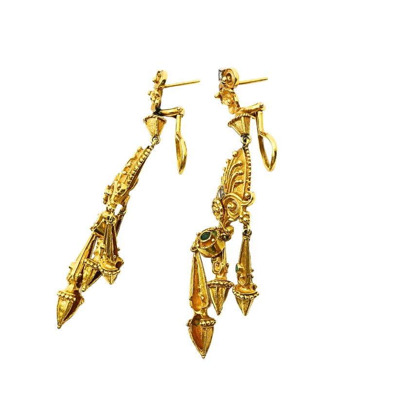 Victorian Chandelier Earrings Antique 14k Gold Emerald For Sale