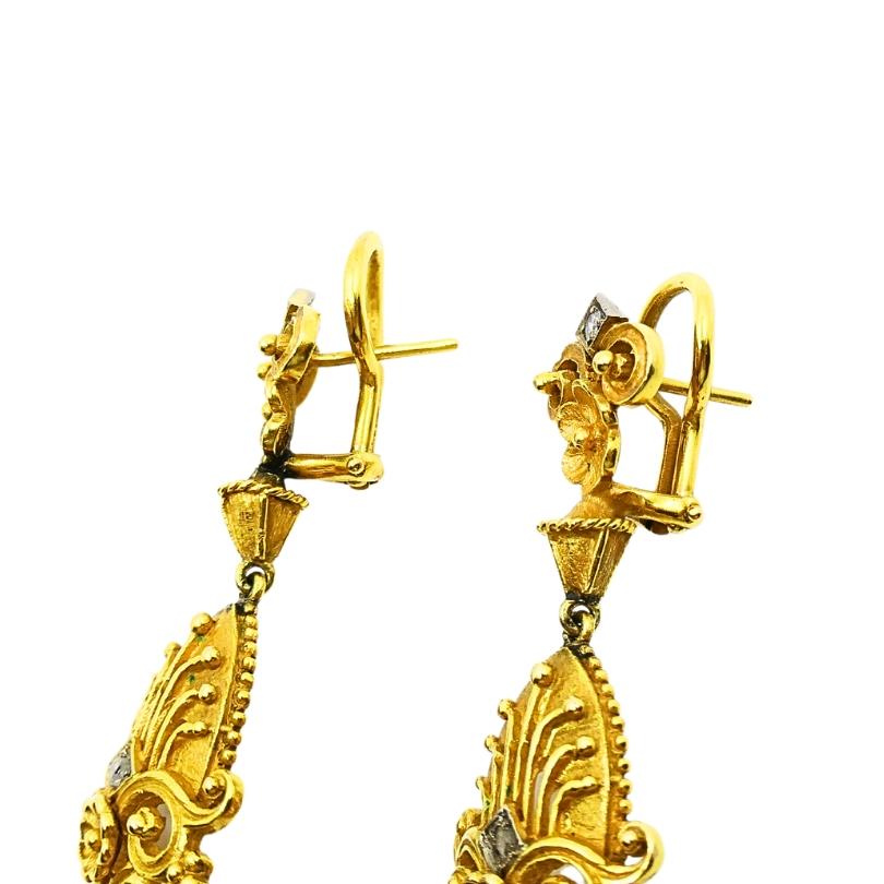 Mixed Cut Chandelier Earrings Antique 14k Gold Emerald For Sale