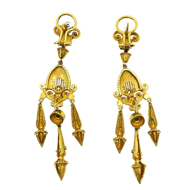Women's Chandelier Earrings Antique 14k Gold Emerald For Sale