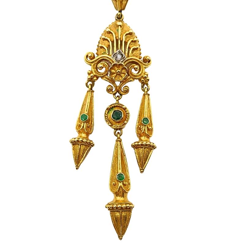 Chandelier Earrings Antique 14k Gold Emerald For Sale 1