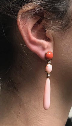 Chandelier Earrings Coral White Diamonds Yellow Gold 18 Karat