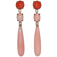 Chandelier Earrings Coral White Diamonds Yellow Gold 18 Karat