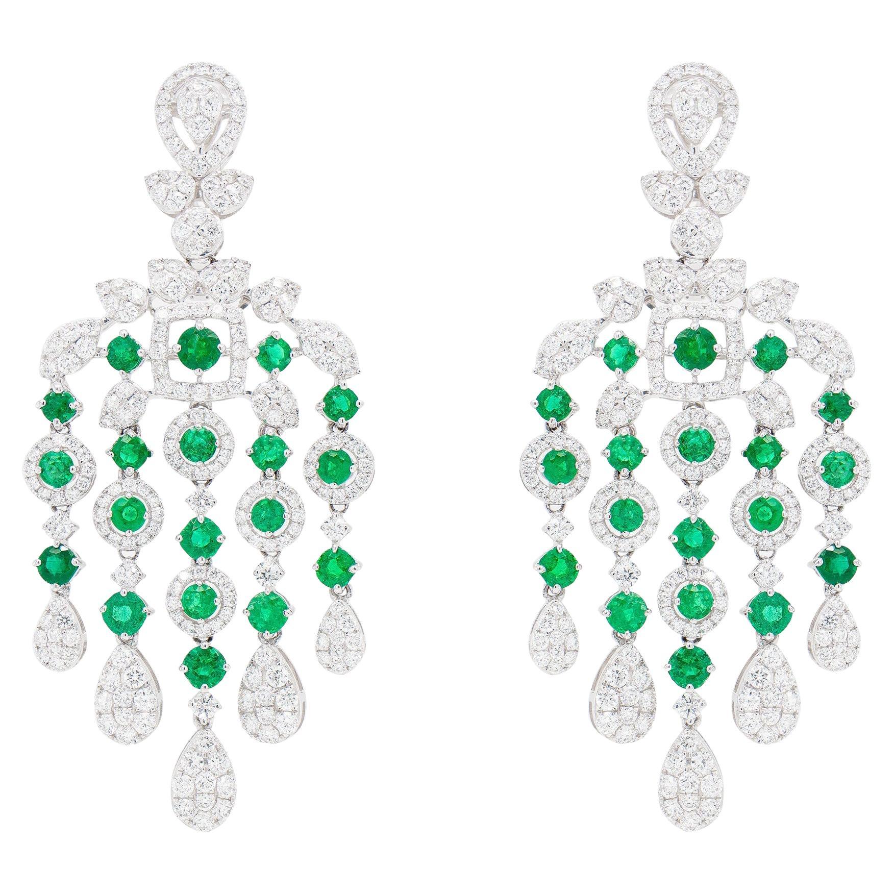 Chandelier Earrings Emeralds 3.46 Carats and Diamonds 3.87 Carats For Sale