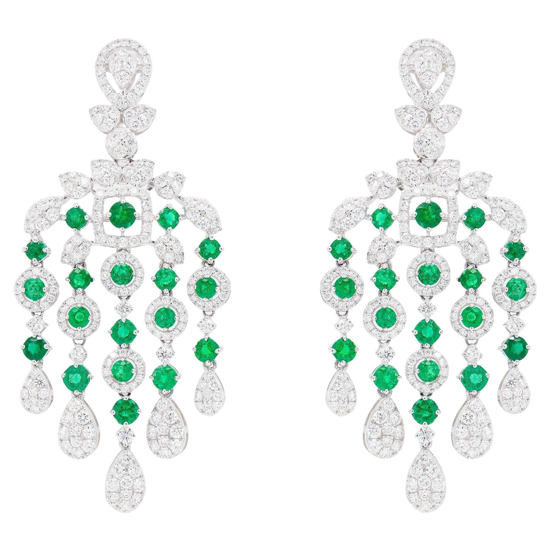 Chandelier Earrings Emeralds 3.46 Carats and Diamonds 3.87 Carats For Sale