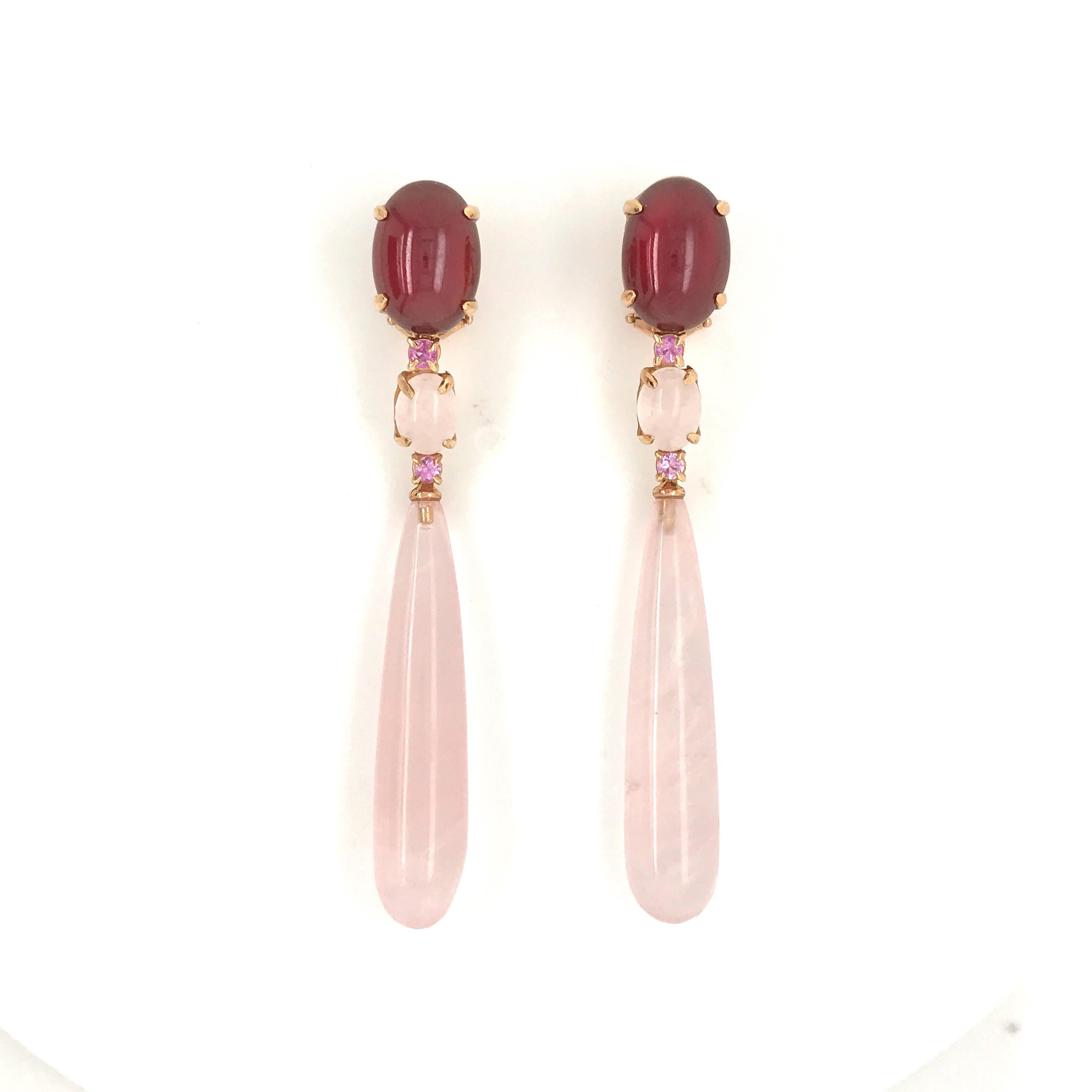Chandelier Earrings Garnet Rose Topaz Pink Quartz Rose Gold 18 Karat  In Excellent Condition For Sale In Vannes, FR