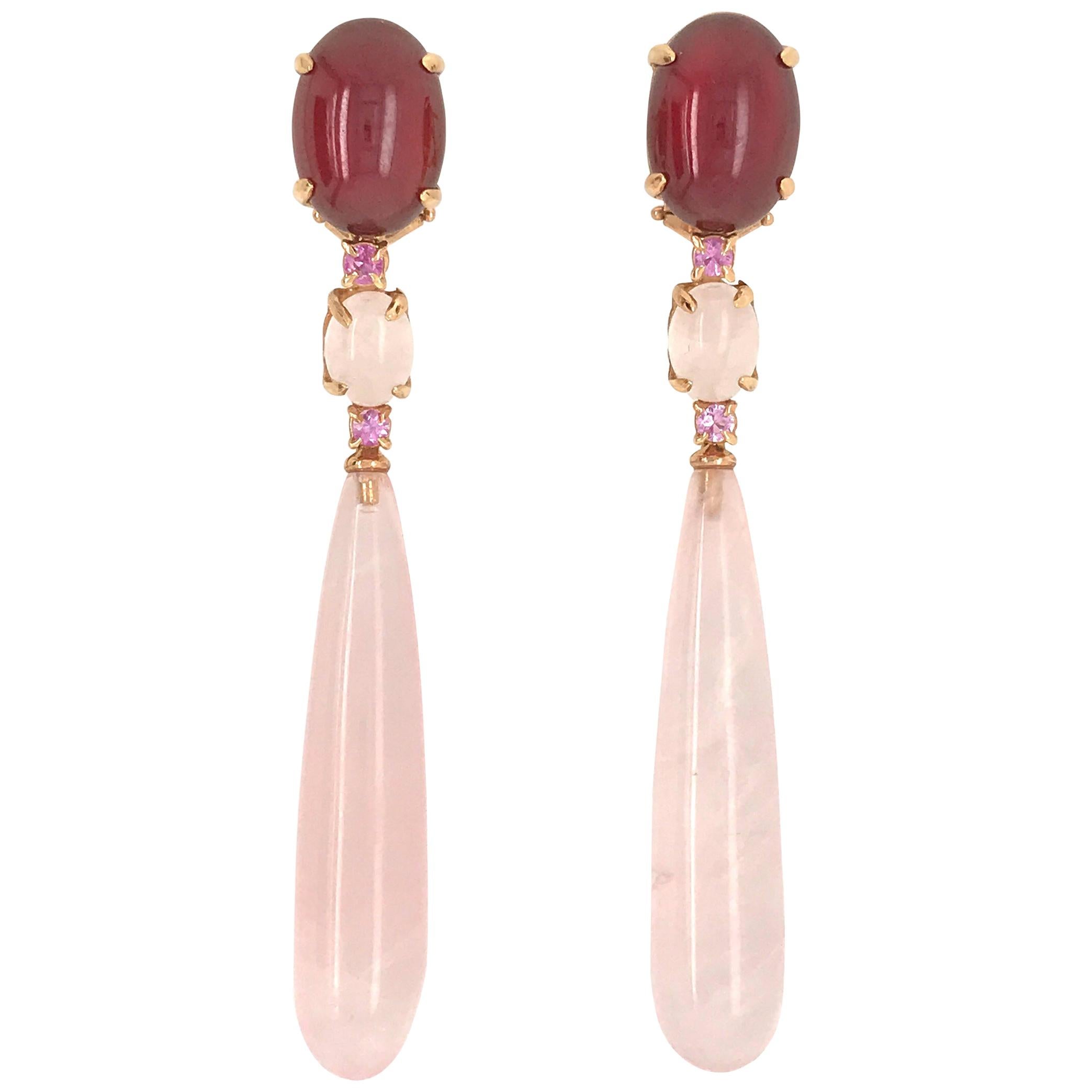 Chandelier Earrings Garnet Rose Topaz Pink Quartz Rose Gold 18 Karat  For Sale
