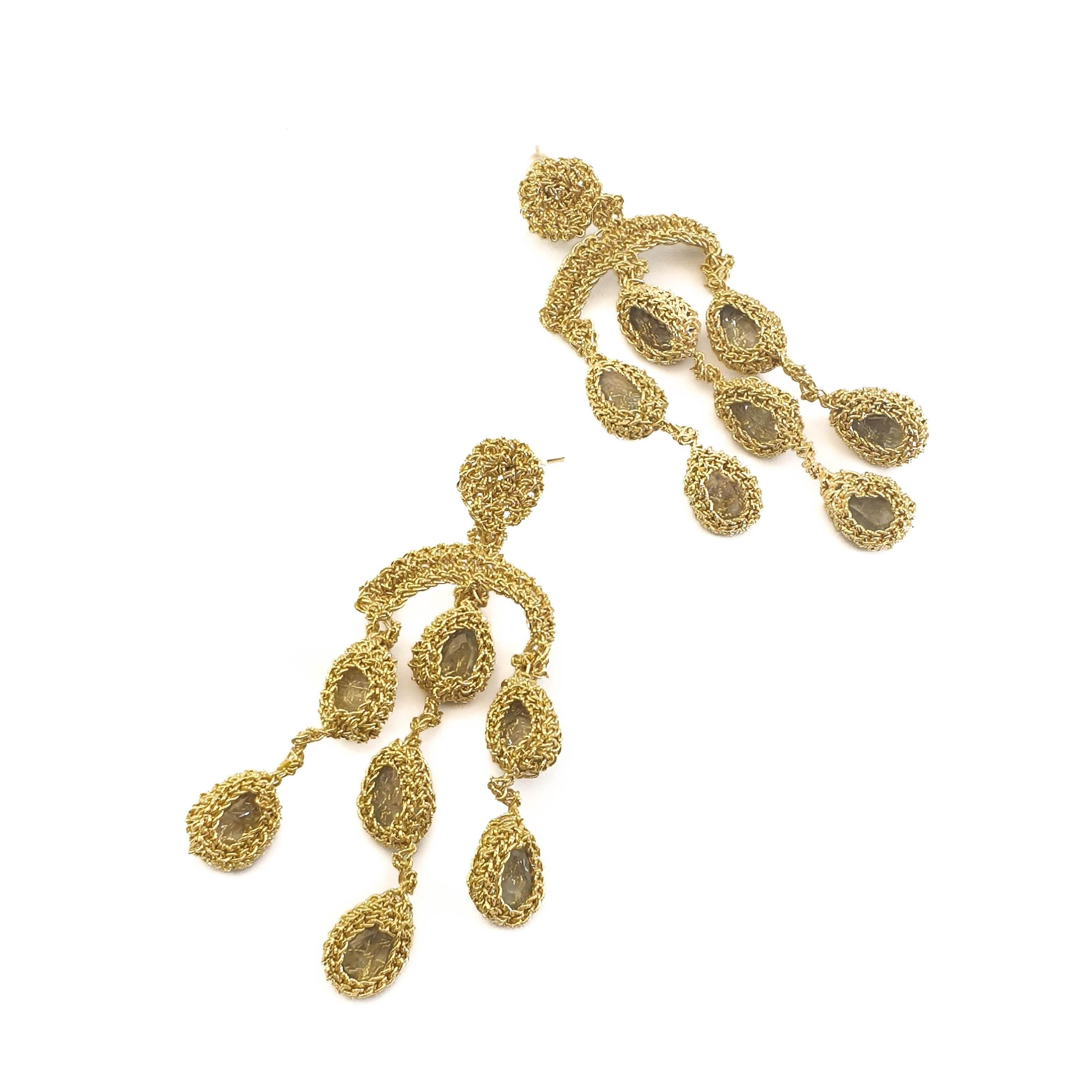 Women's Chandelier Earrings Gold 18 Karat Aquamarine Classic Handmade Art Jewelry Unique For Sale