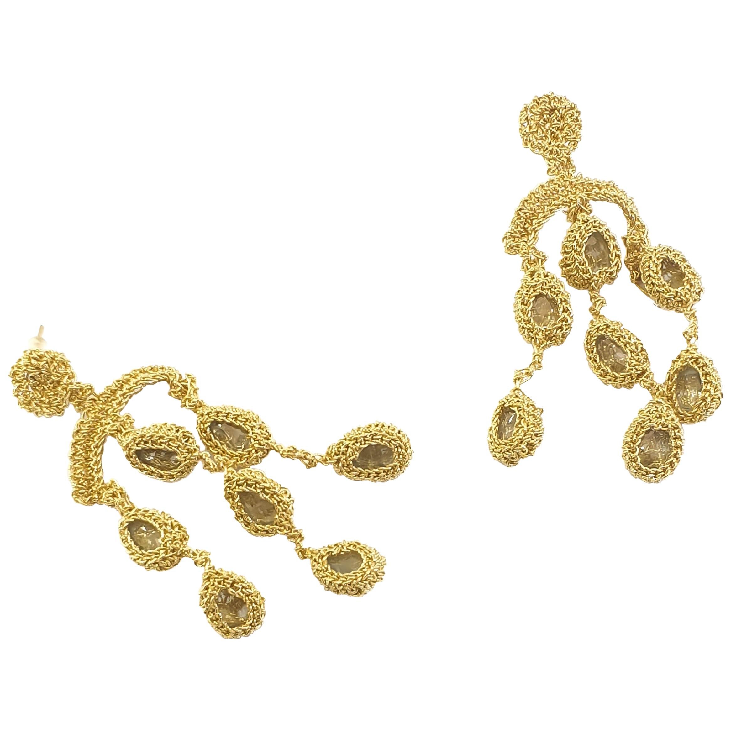 Chandelier Earrings Gold 18 Karat Aquamarine Classic Handmade Art Jewelry Unique For Sale