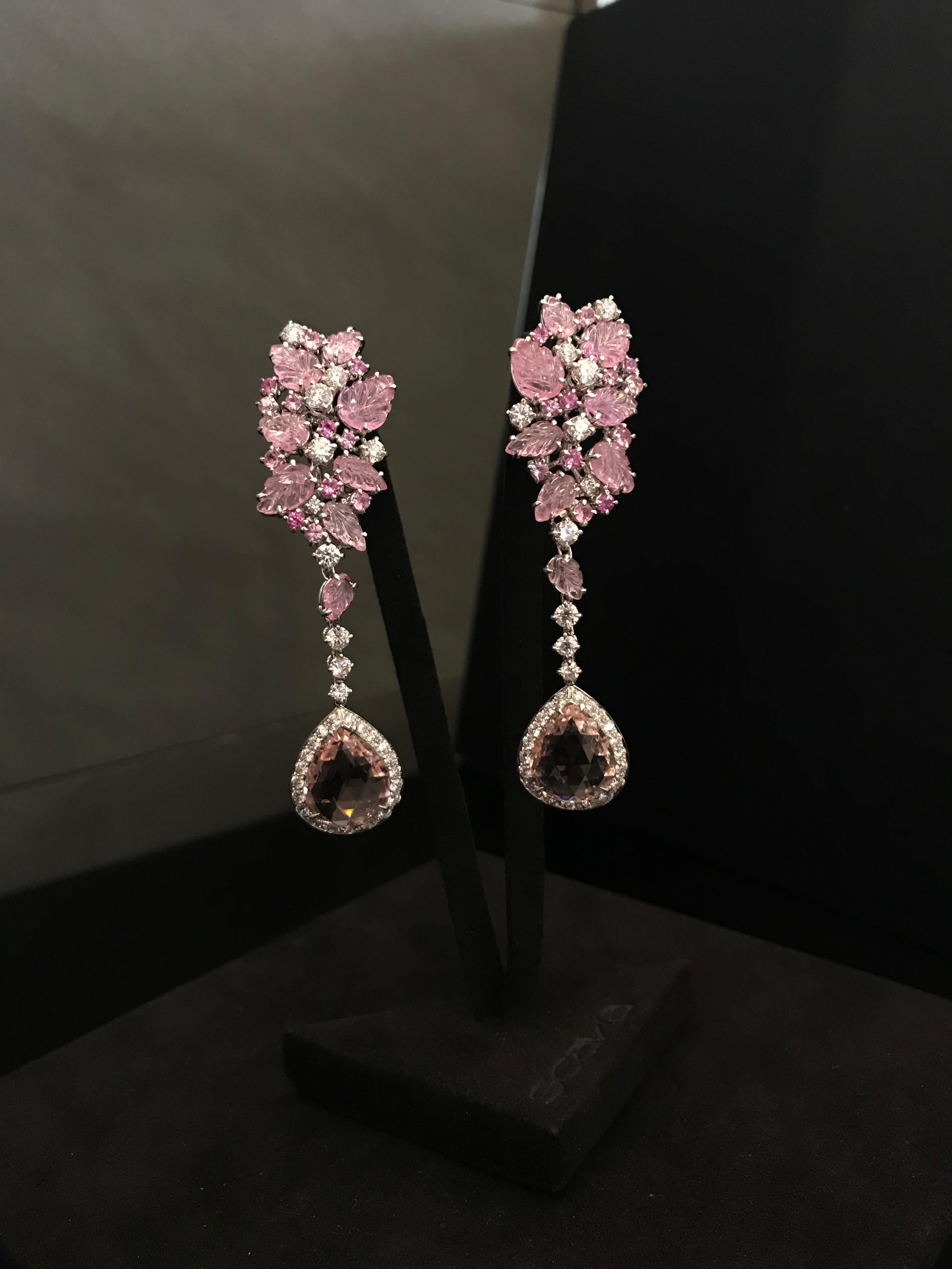 Contemporary Chandelier Earrings Gold Diamonds Pink Sapphires Pink Tourmaline For Sale