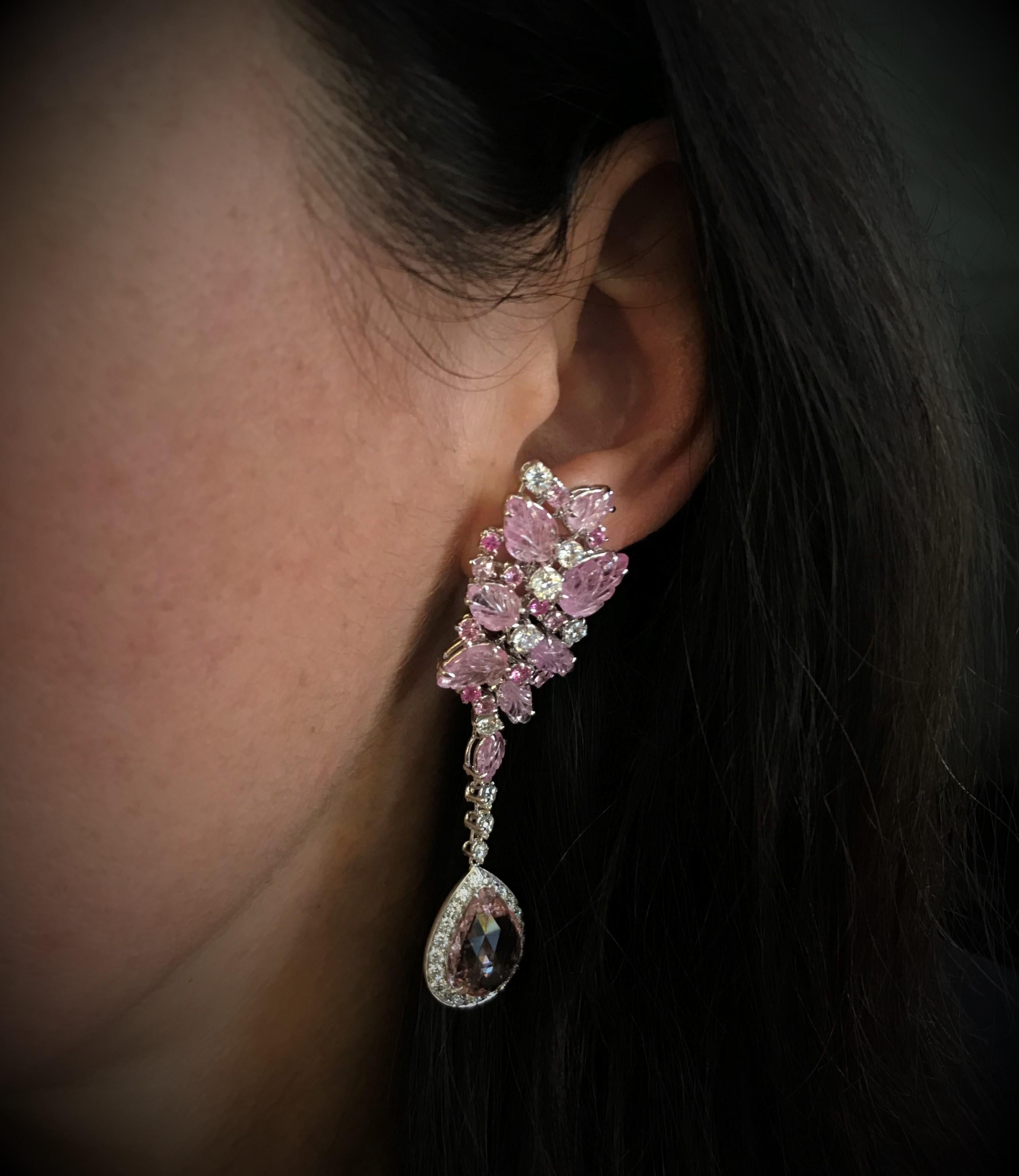 Chandelier Earrings Gold Diamonds Pink Sapphires Pink Tourmaline In New Condition For Sale In Milan, IT