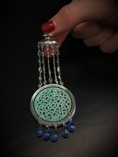 Chandelier Earrings Green Jade Rose Cut Diamonds Sapphires White Gold