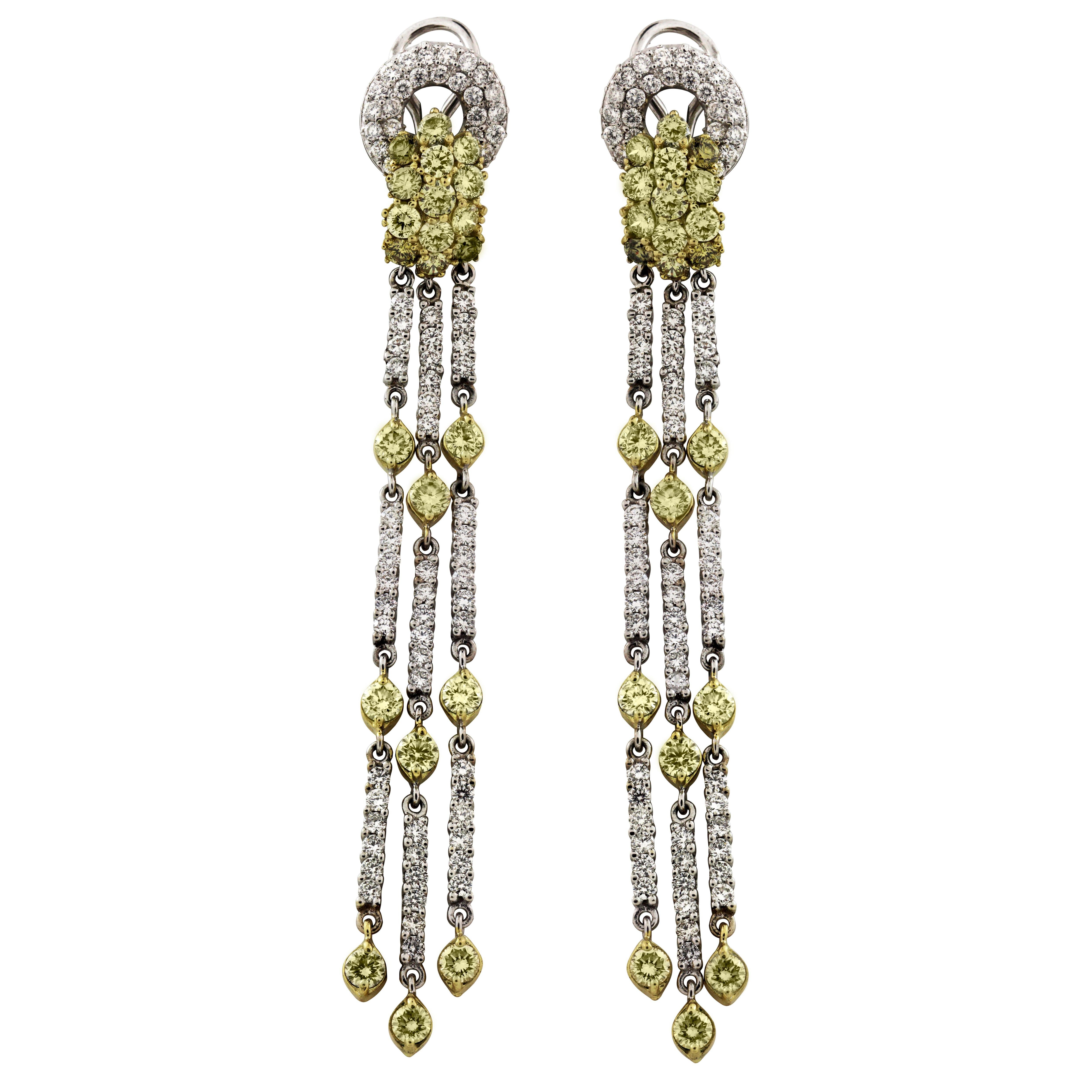 Chandelier Earrings Green Yellow and White Diamonds White Gold Stambolian