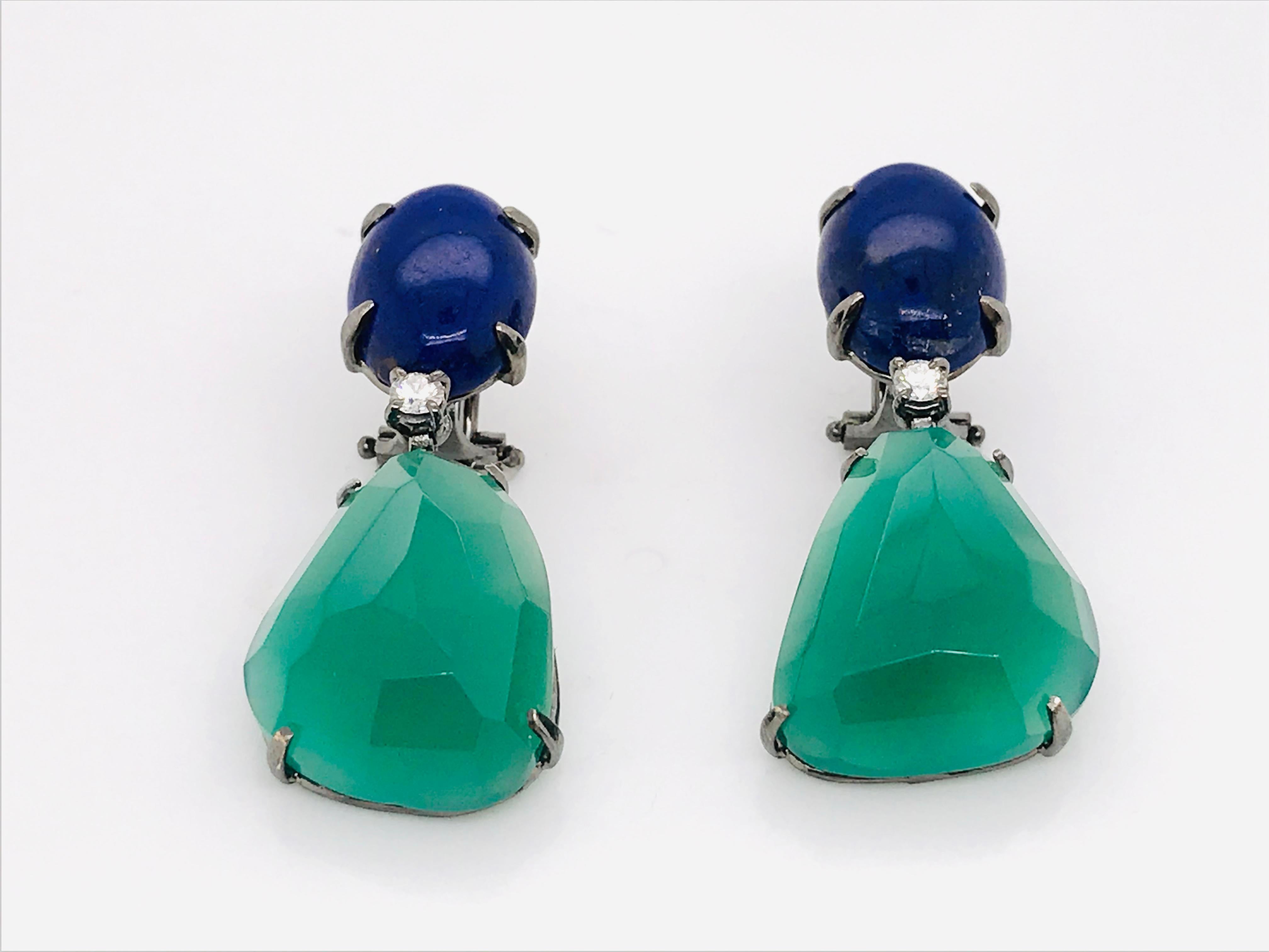 Chandelier Earrings Lapis Lazuli Agate Diamonds Black Gold 18 Carat In New Condition For Sale In Vannes, FR