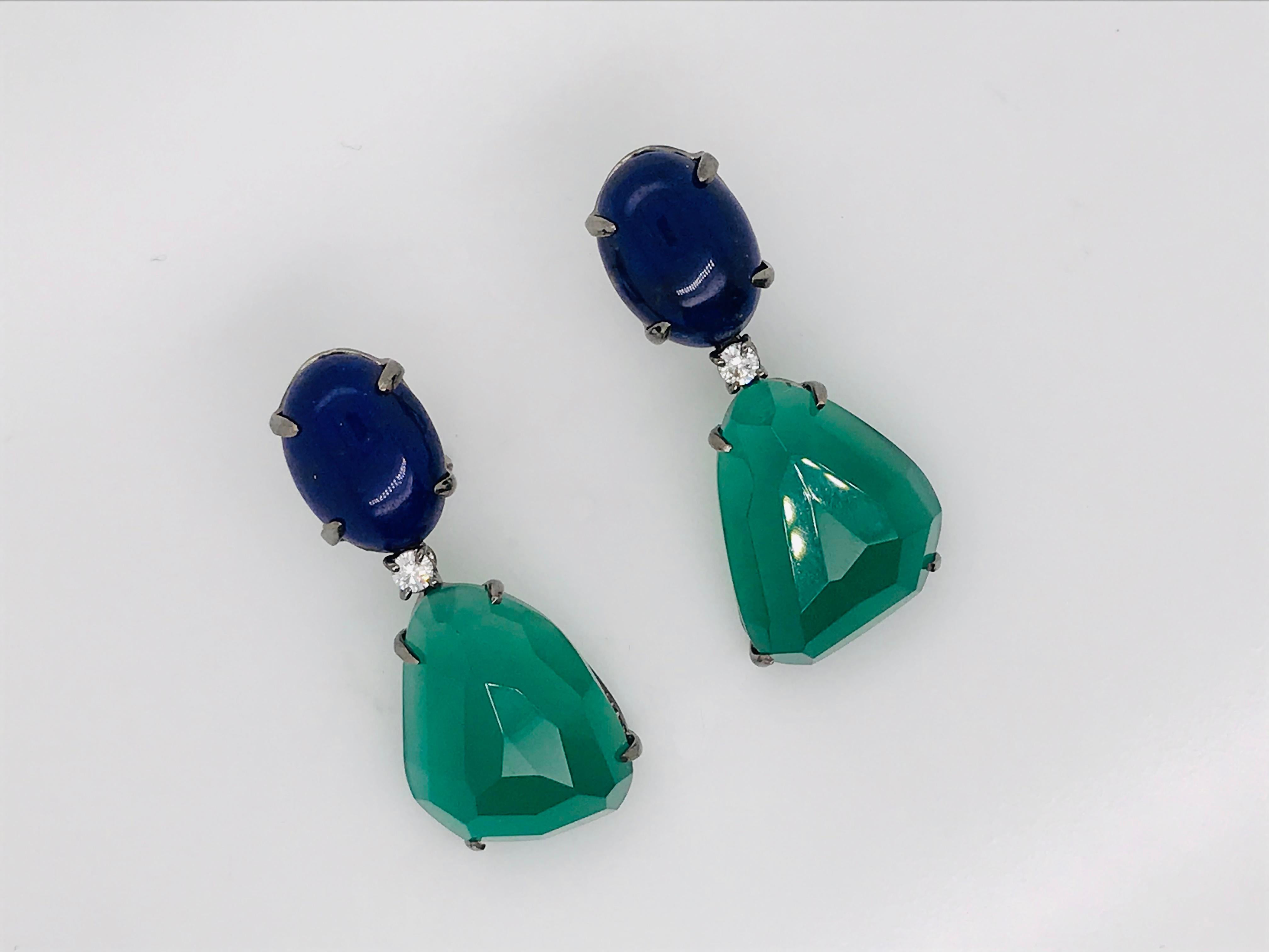 Women's or Men's Chandelier Earrings Lapis Lazuli Agate Diamonds Black Gold 18 Carat For Sale