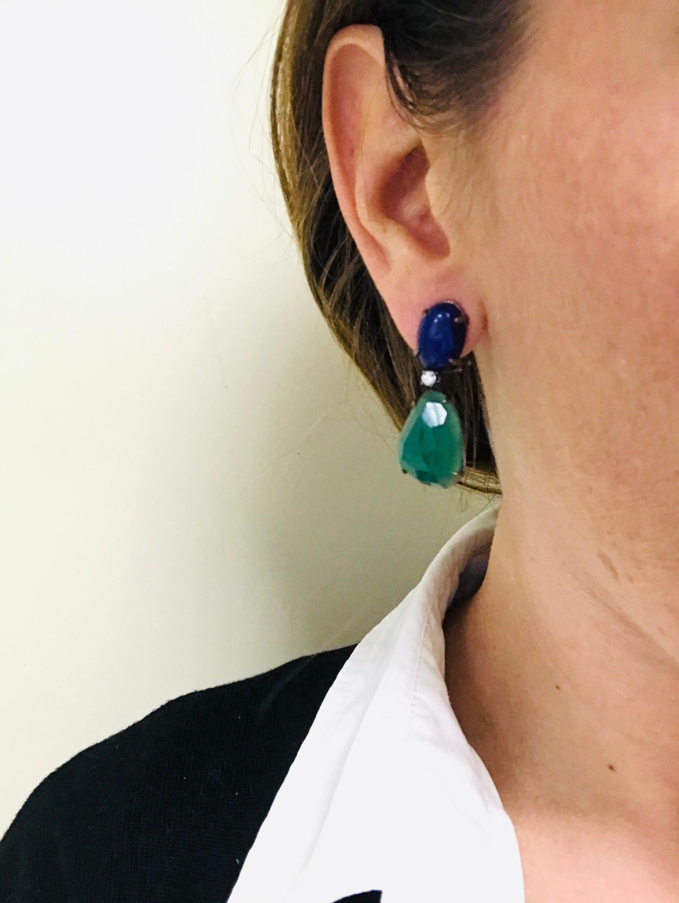 Chandelier Earrings Lapis Lazuli Agate Diamonds Black Gold 18 Carat For Sale 2