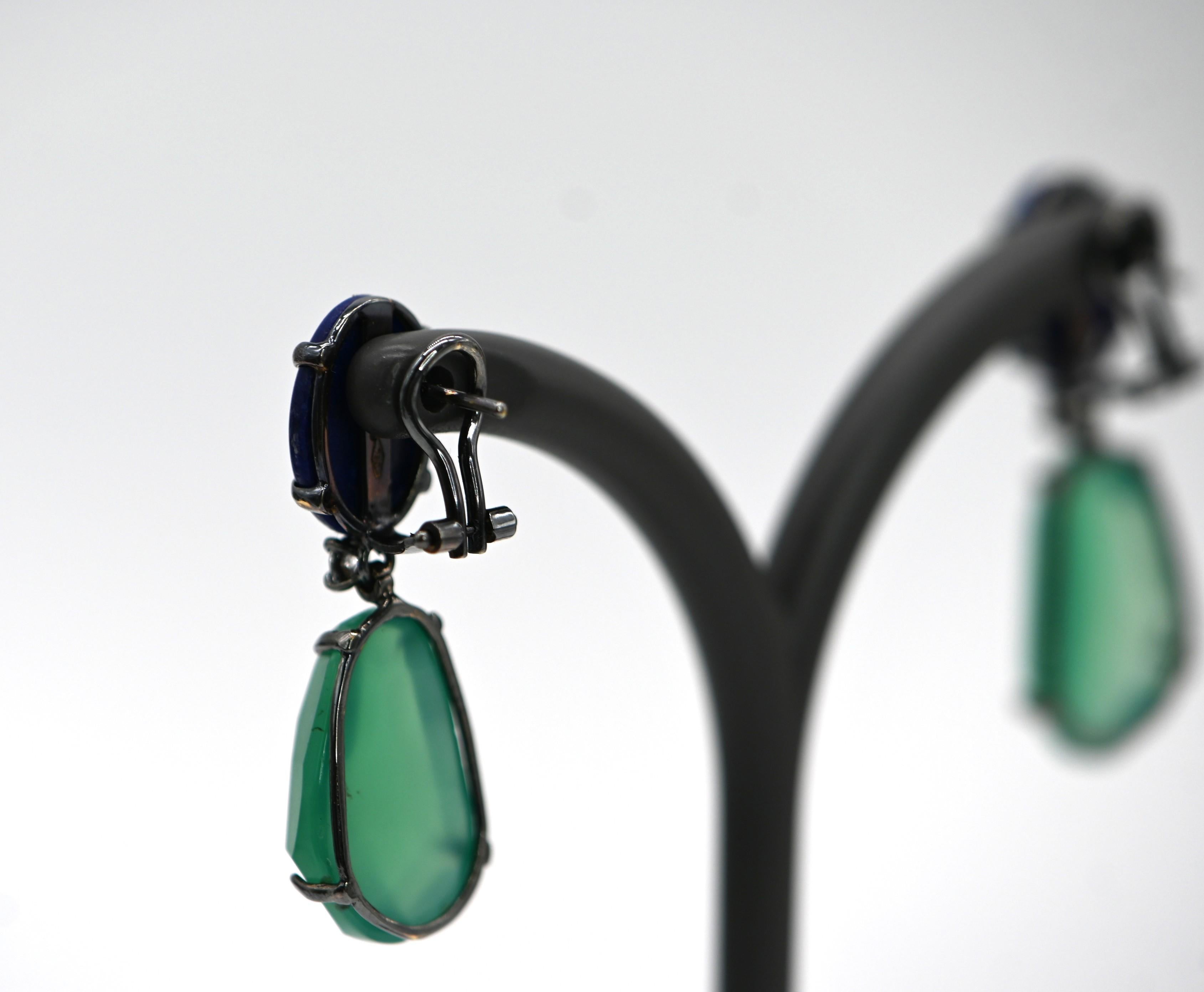 Chandelier Earrings Lapis Lazuli Agate Diamonds Black Gold 18 Carat For Sale 2
