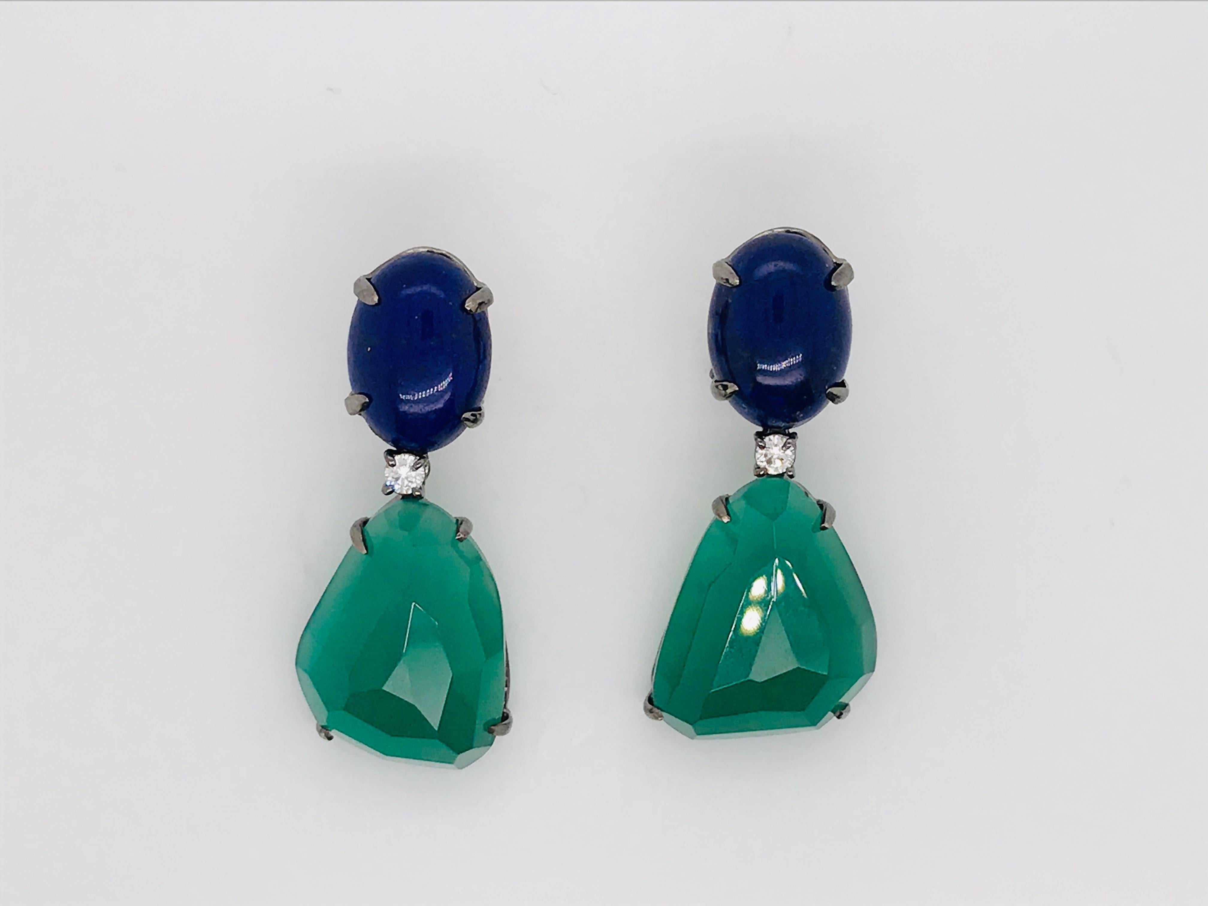 Chandelier Earrings Lapis Lazuli Agate Diamonds Black Gold 18 Karat  For Sale 1
